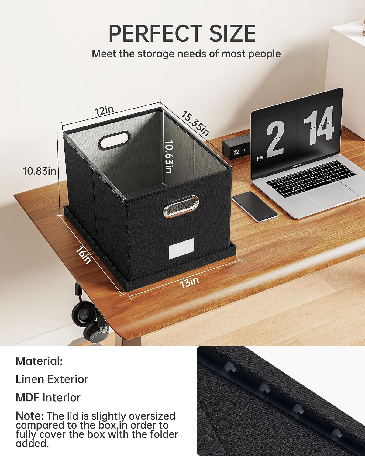 Detalle de Oterri AM03118 File Organizer, Foldable Black Linen Box for Letter and Legal Files