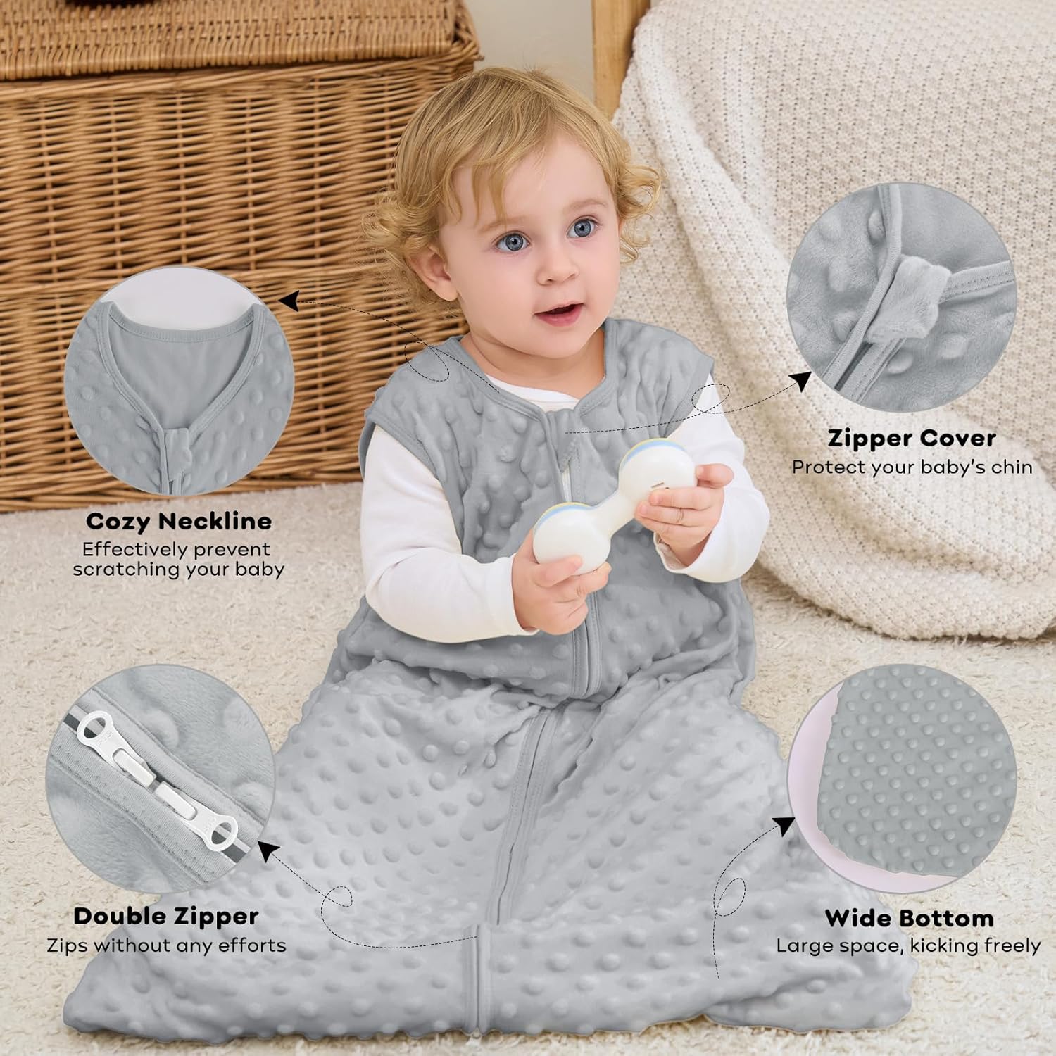 Thumbnail 1 de FIEMOL Sacco Nanna Invernale 6-12 Mesi con Pois di Peluche - 1.5 Tog, Confezione 2 Pezzi Verde&grigio