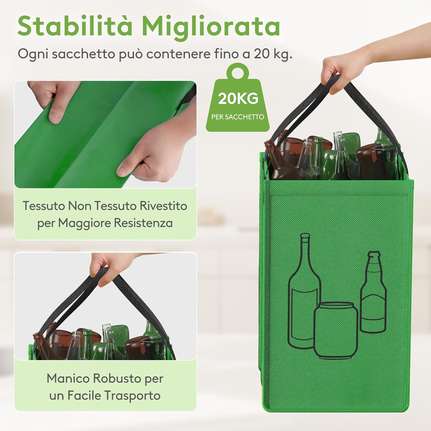 Detalle 2 de Lifewit set di 3 borse per raccolta differenziata 45 L con bidoni interni in 3 colori