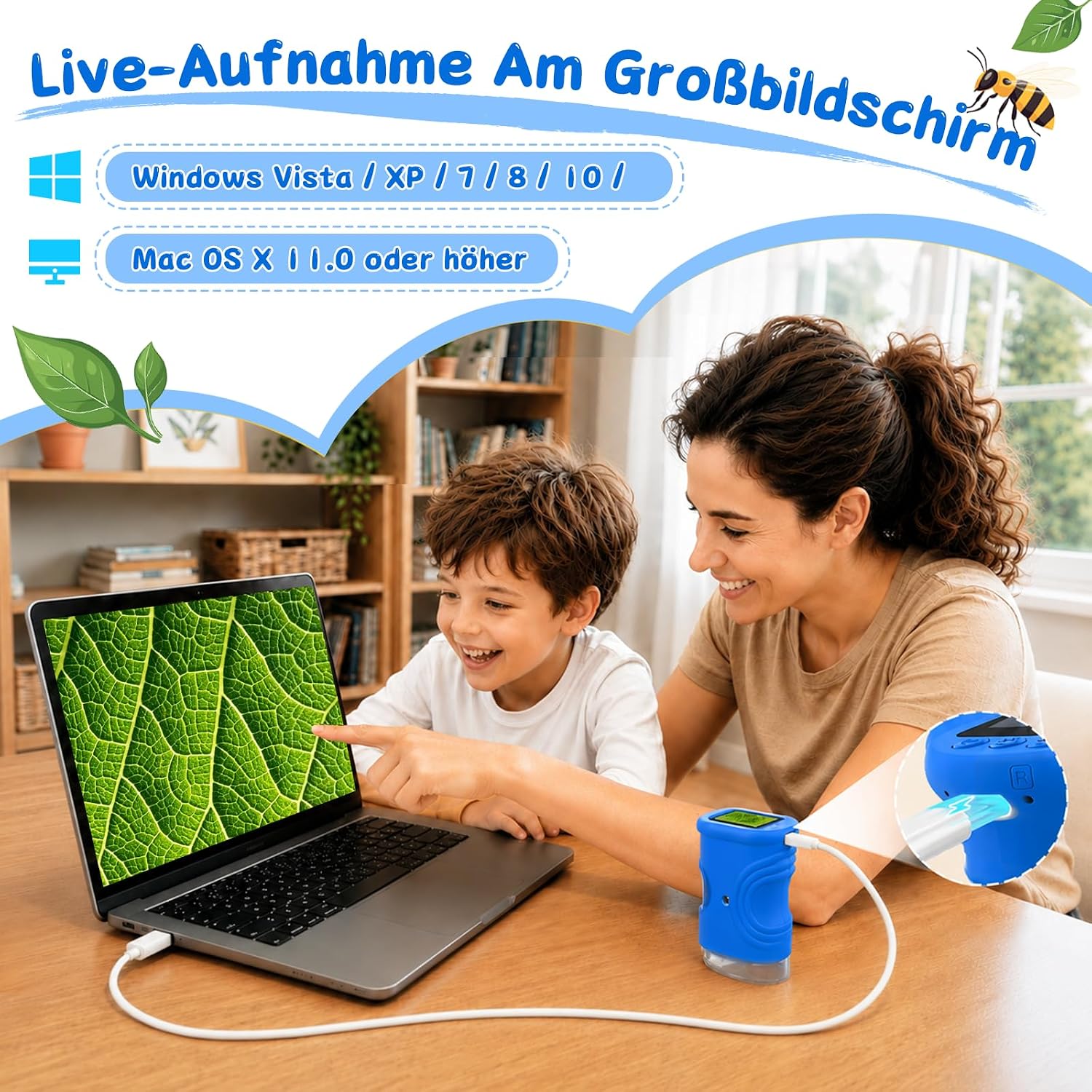 Detalle de ASPOVEN Digitales Mikroskop für Kinder 1000X – 2 Zoll HD Display, 8 LED Beleuchtung, Foto & Video