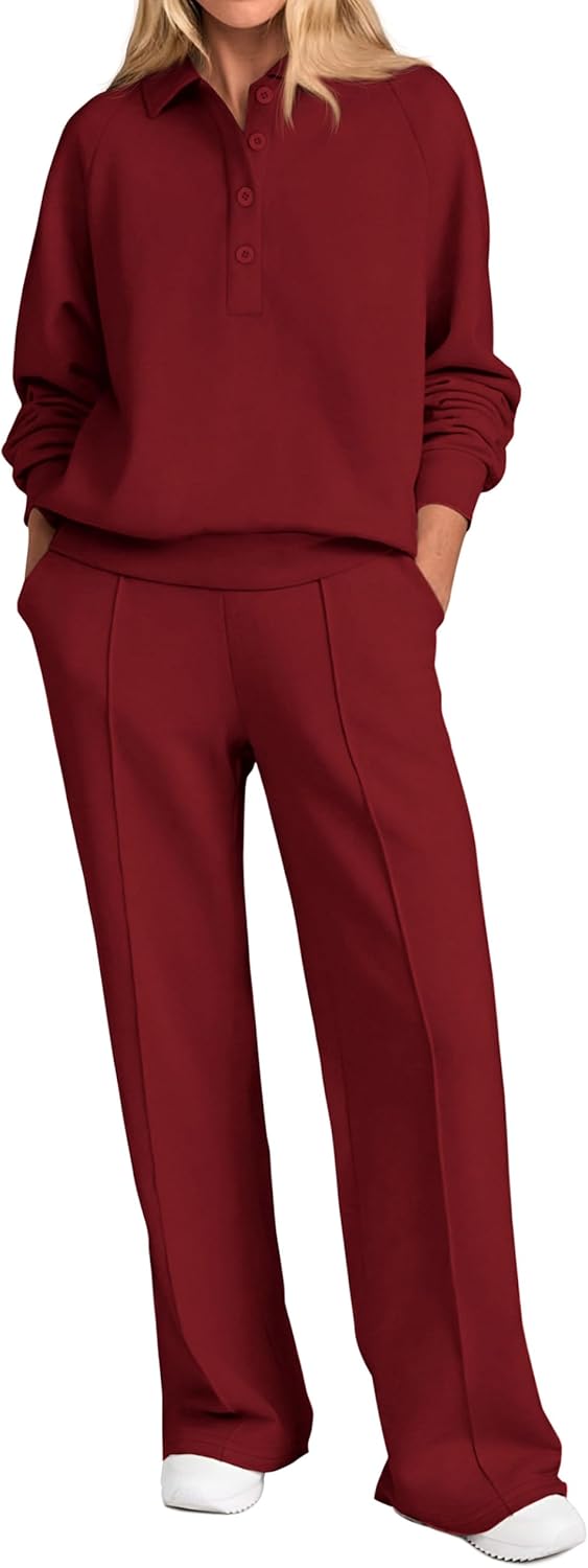 Detalle de PRETTYGARDEN Women Fall 2-Piece Sweatsuit: Quarter Button Sweatshirt and Wide-Leg Pants
