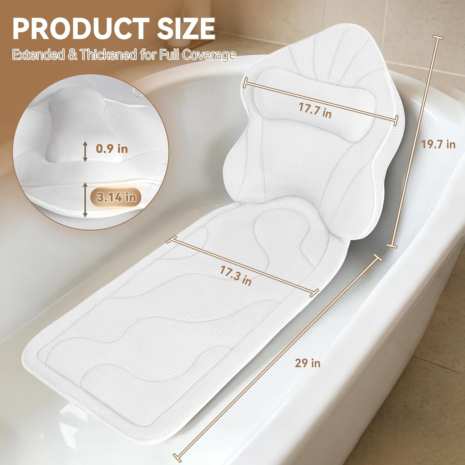Detalle de Poemland Bath Pillow for Tub: Extra Thick Full-Body Cushion with 144 Suction Cups