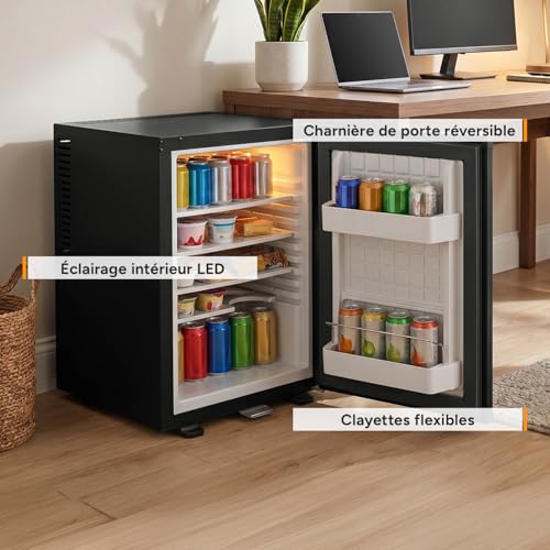 Detalle de TZS First Austria Mini réfrigérateur 40 L silencieux – Mini-frigo noir mat avec porte réversible et lumière