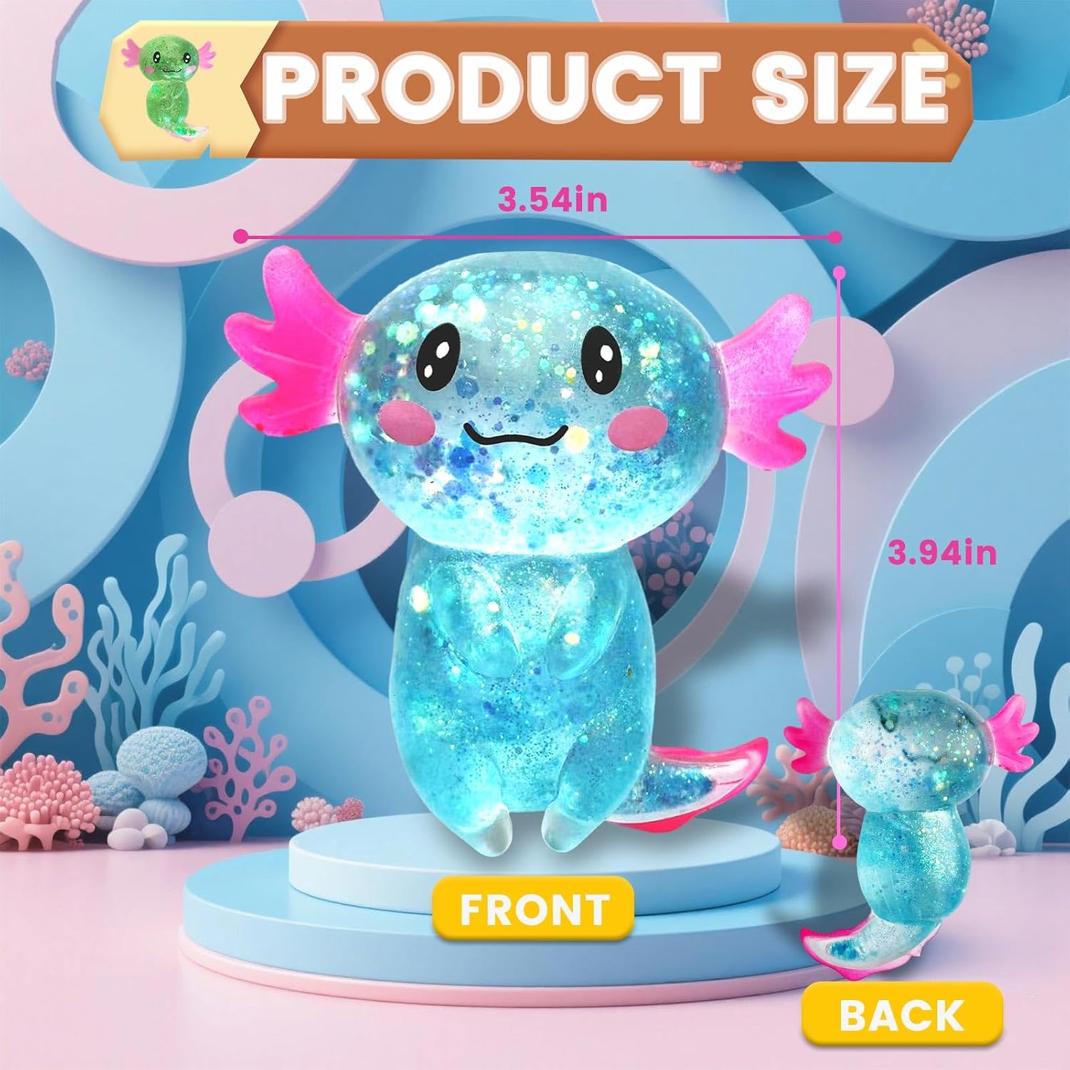 Detalle 2 de Puffwize CHB01 Blue Glitter Axolotl Squishy Fidget Toy in TPR