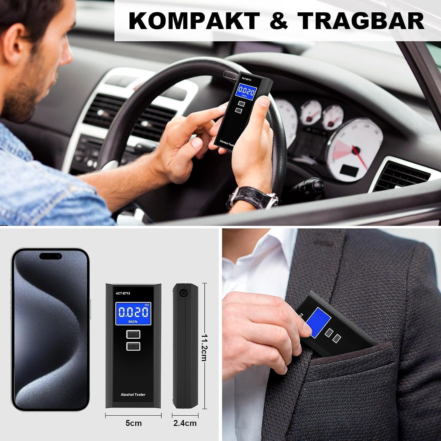 Thumbnail 4 de Swetfela Alkoholtester mit 10 Mundstücken & Tragetasche – tragbarer digitaler BAC-Messgerät mit LCD