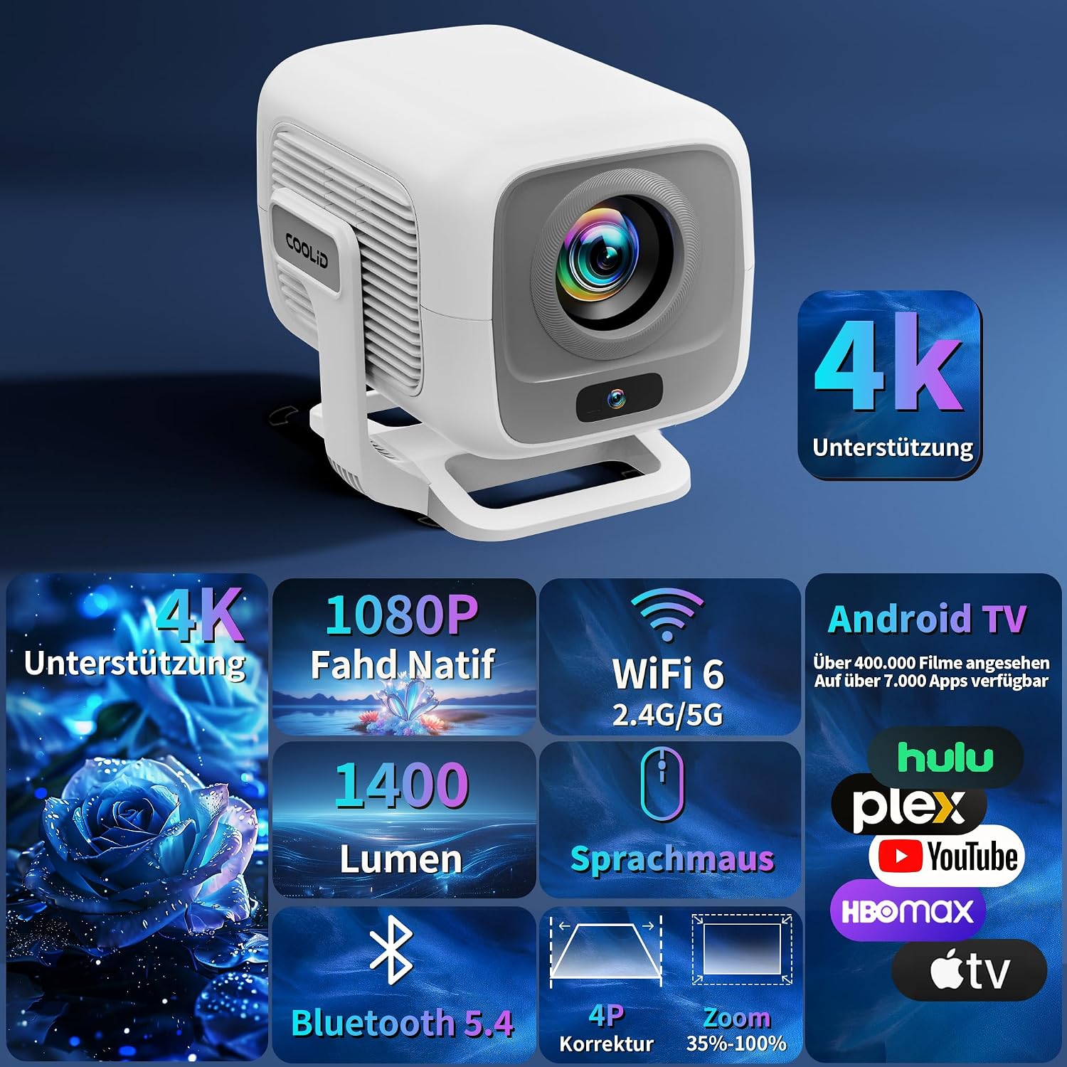 Thumbnail 1 de [Autofokus & 2026 Upgraded] Mini Beamer 4K/Full-HD 1080p mit WiFi 6 und BT 5.4, Autofokus & Trapezkorrektur, TV Stick/USB/Laptop/PC, weiß