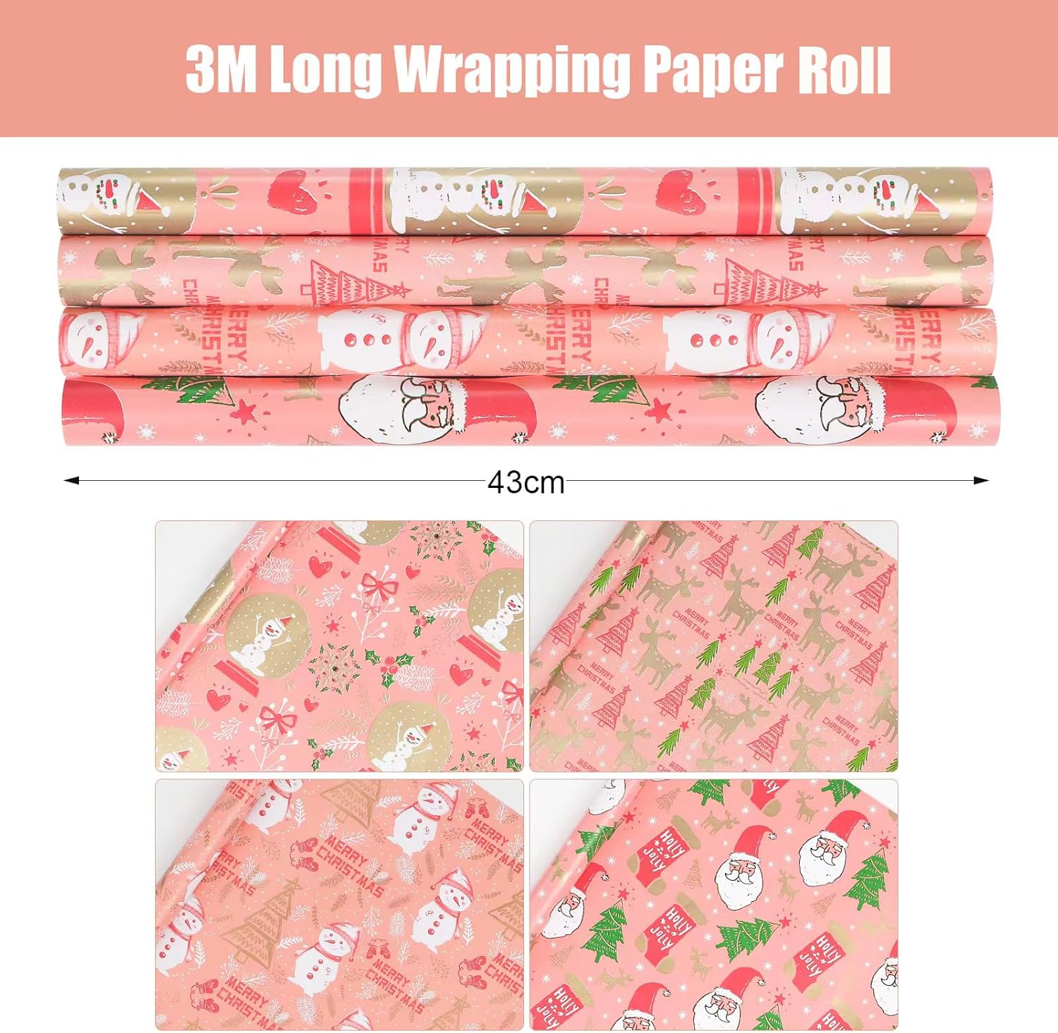 Thumbnail 1 de HBell Christmas Wrapping Paper Roll – 4 Rolls in Pink, 43cm x 3m Each