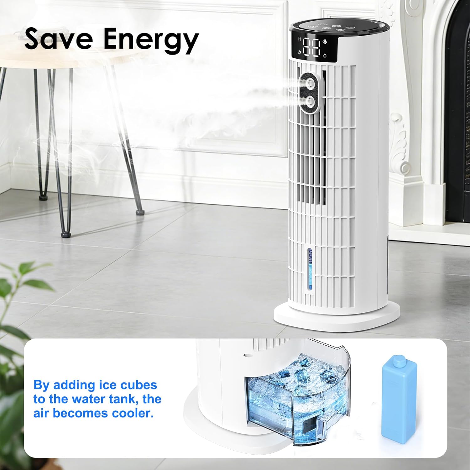 Detalle de Air Cooler Portable Air Conditioner with 3 Speeds, LED Display, and Remote – 90° Oscillation Tower Fan (White)