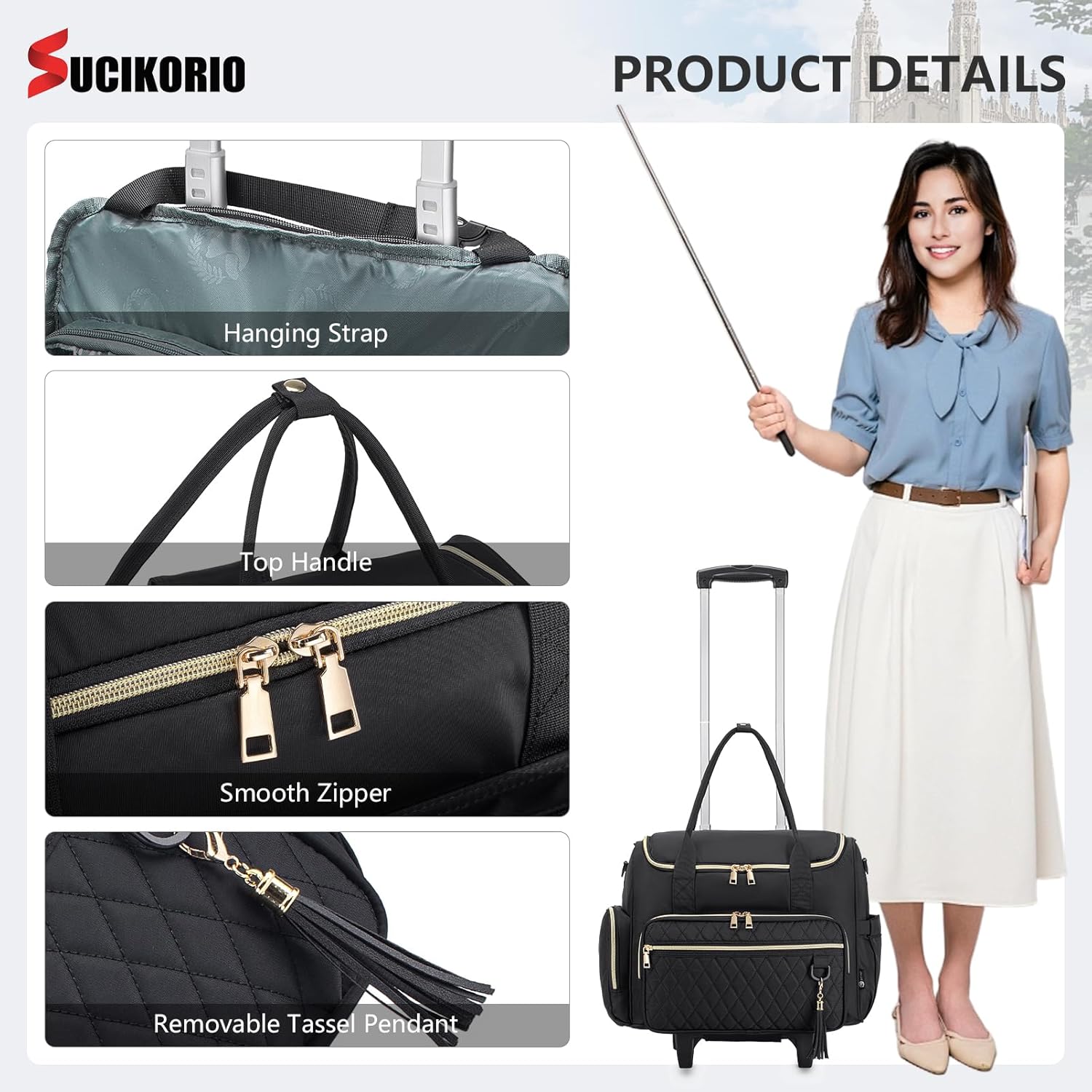 Detalle de SUCIKORIO Laptoptasche 17 Zoll mit Rollen – Lehrertasche, Business Koffer aus Oxford, wasserdicht