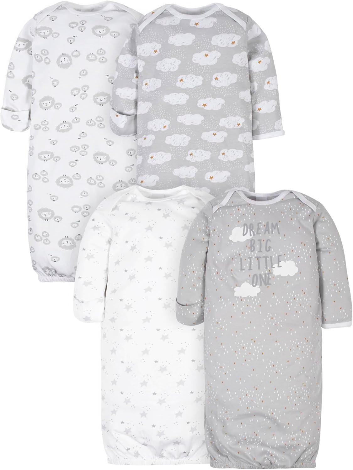 Detalle de Gerber 4PK Gowns: 4 tutine in cotone con pratiche aperture per neonati