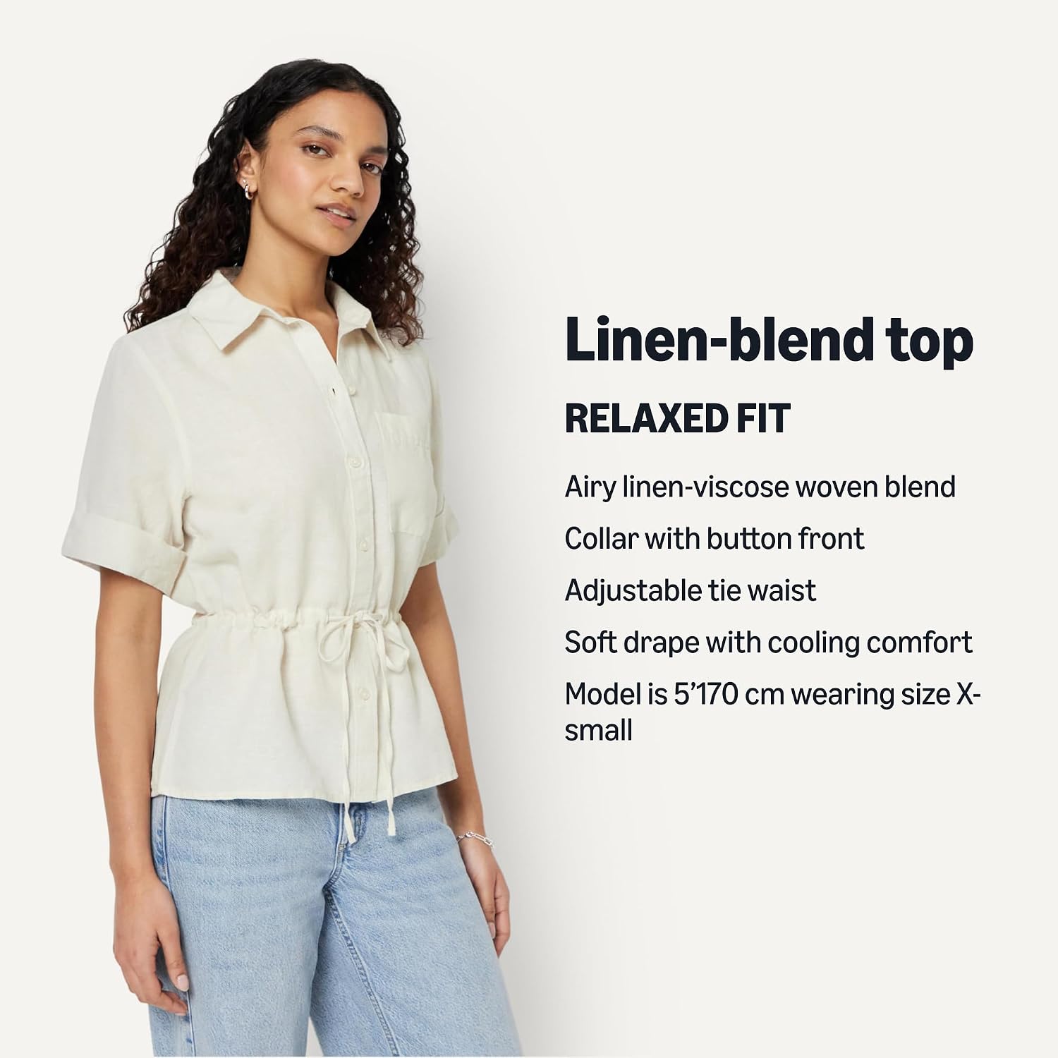 Detalle 2 de Amazon Essentials Women's Relaxed-Fit Linen Blend Wide-Sleeve Shirt with Adjustable Waist