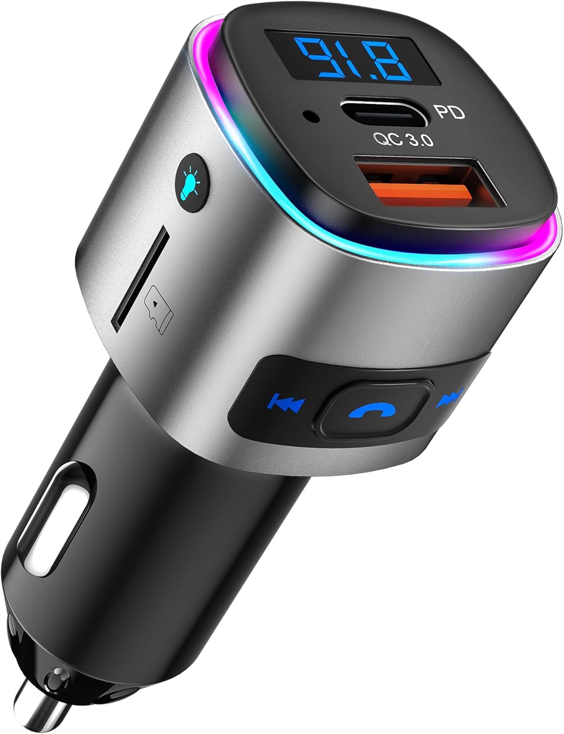 Detalle de SONRU Bluetooth FM Transmitter with Bluetooth 5.3, 30W PD & 18W QC3.0 Fast Charge, 7-Colour LED Backlight