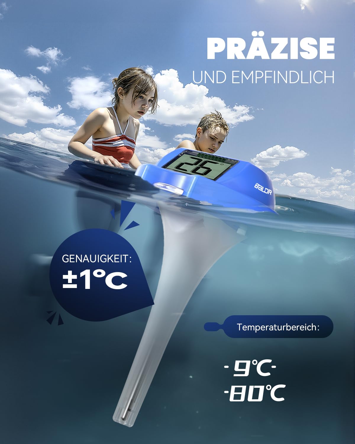 Detalle de BALDR Solar: Schwimmendes Temperaturmessgerät mit zwei großen Displays – IPX7, solarbetrieben für Pool, Spa und Gartenteiche (Dunkelblau)