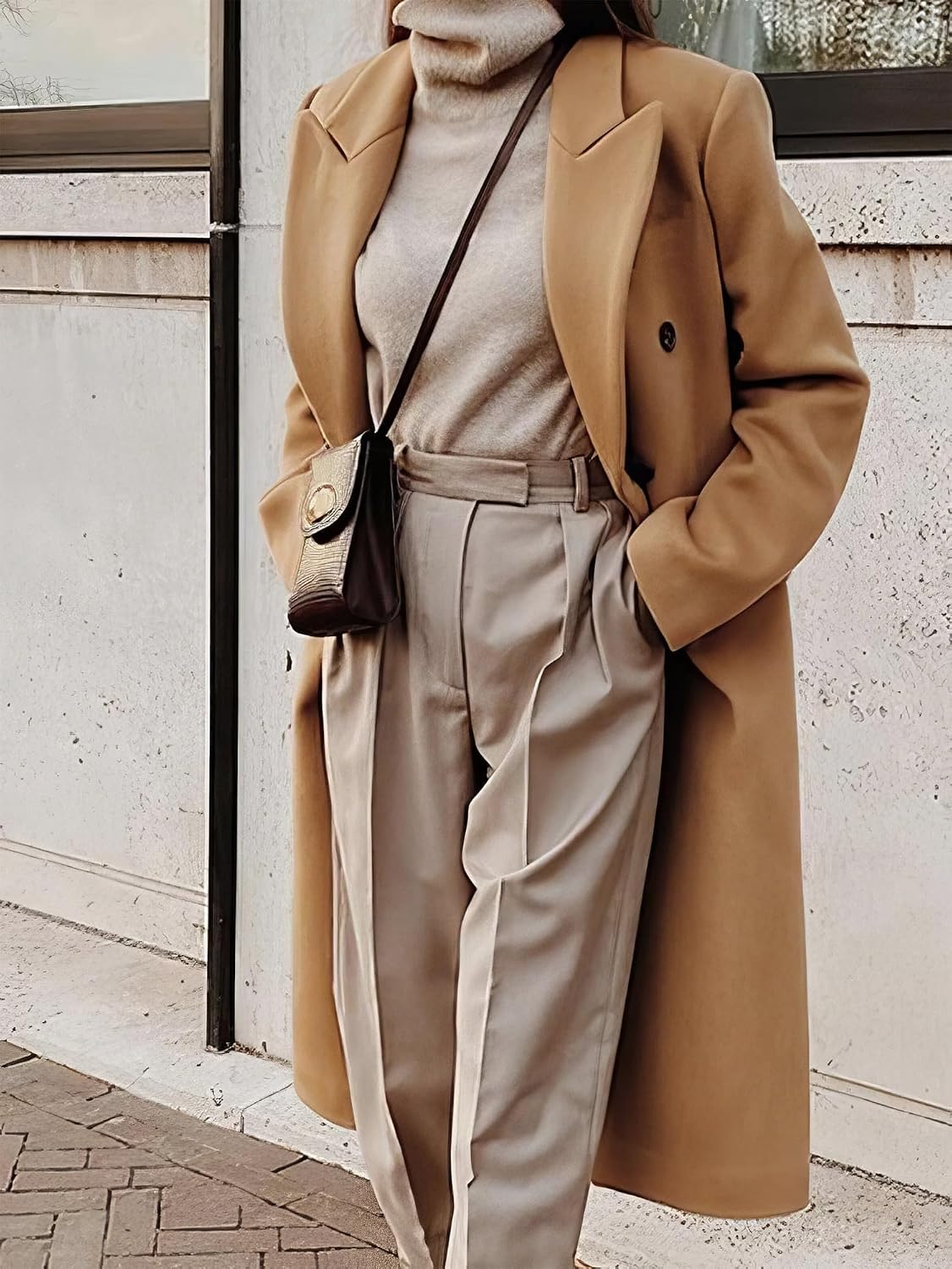 Detalle de IDEALSANXUN Women's Long Wool-Blend Peacoat, Double-Breasted, Below-Knee Length