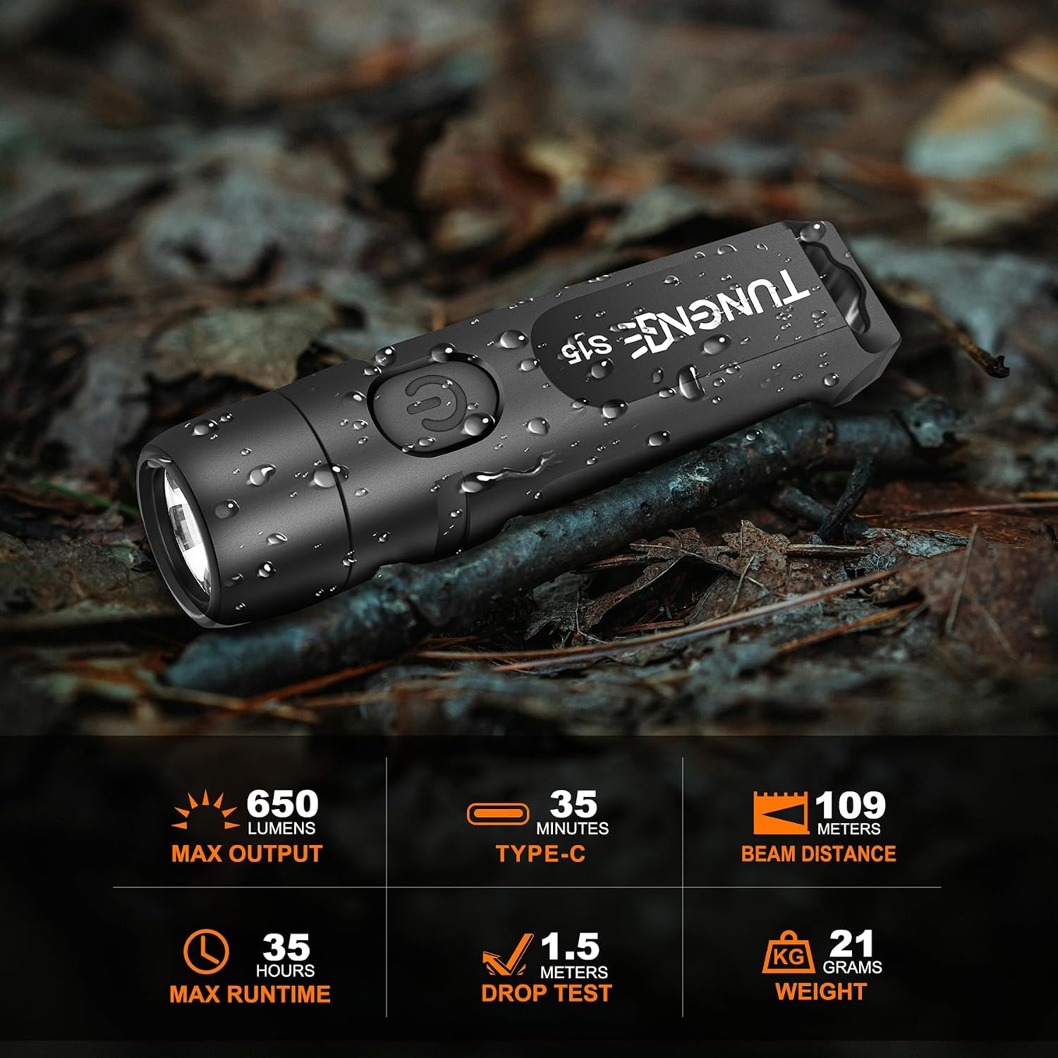 Detalle 2 de TUNENGE S15-Black Rechargeable Keychain Flashlight, 650 Lumens