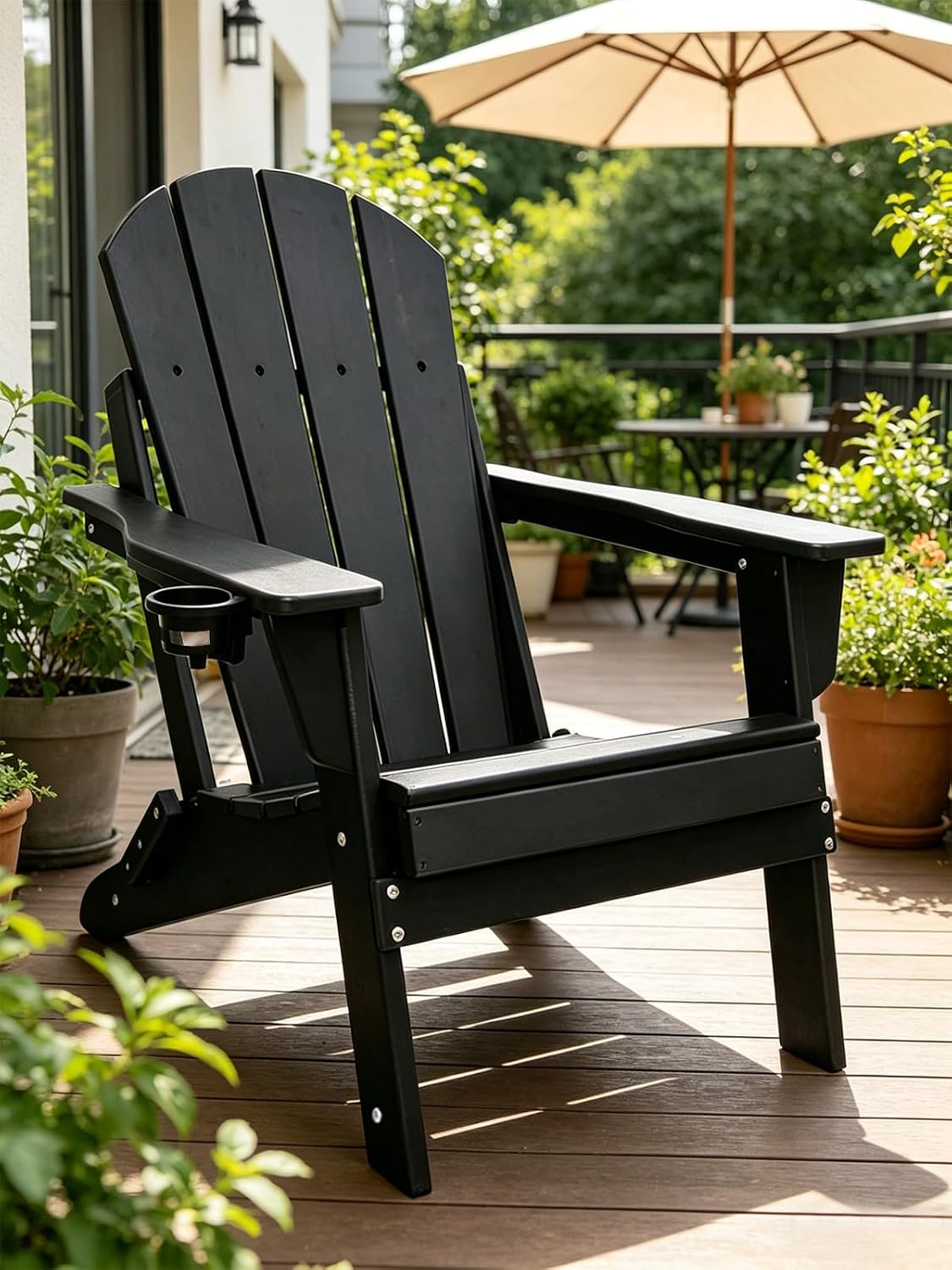 Detalle de UCMDA HBY-502 Folding Adirondack Chair, Black HDPE with Cup Holder