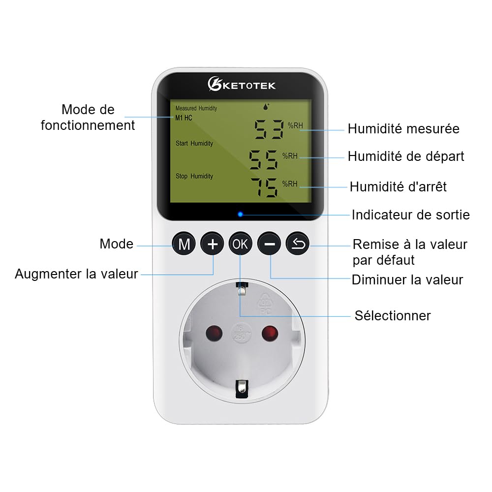 Thumbnail 2 de KETOTEK Prise hygrostatt numérique avec sonde : contrôleur d’humidité 220 V pour terrarium, couveuse et serre