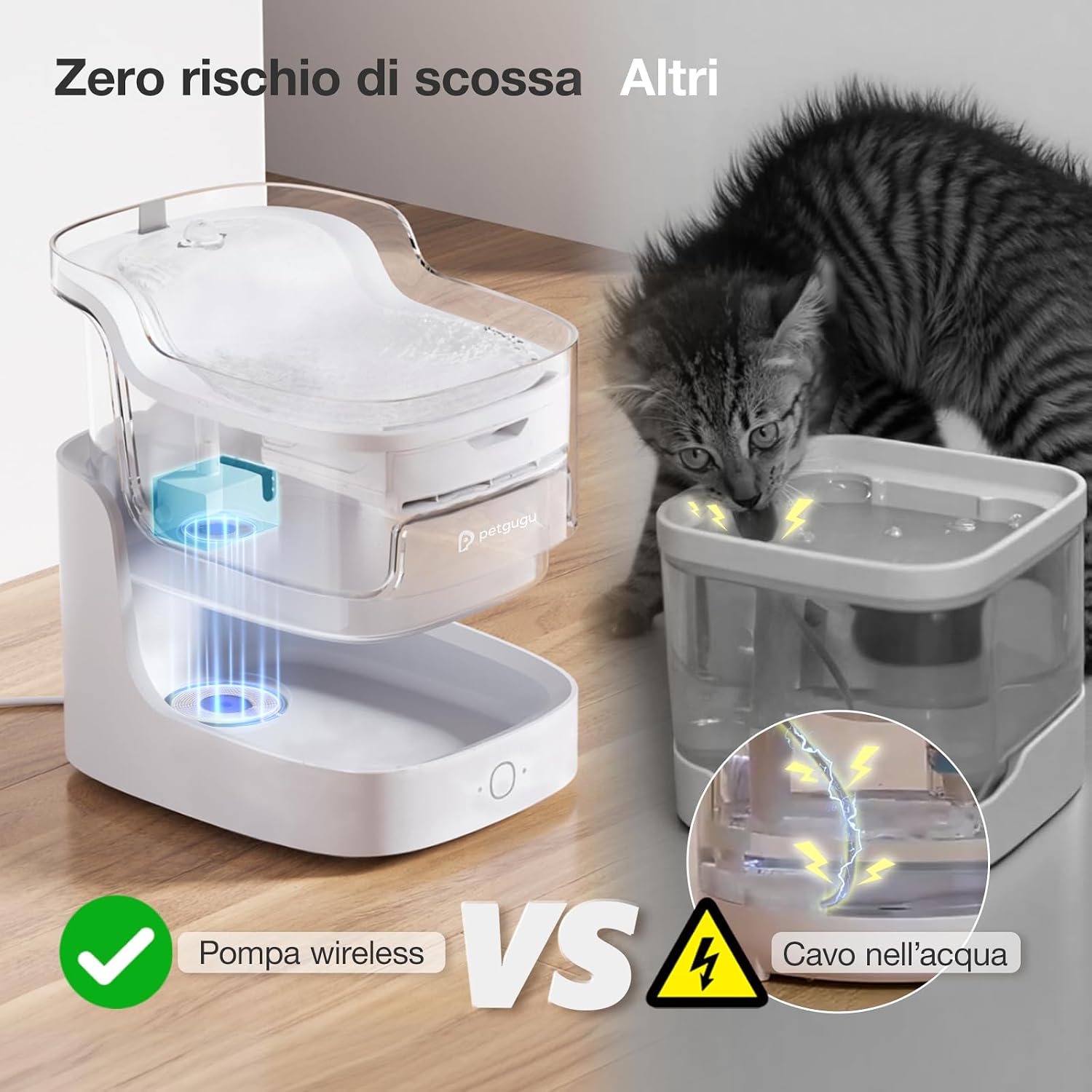 Detalle de PETGUGU Fontanella per Gatti con sensore di movimento e pompa wireless, WiFi 2.4G, 2L, bianco