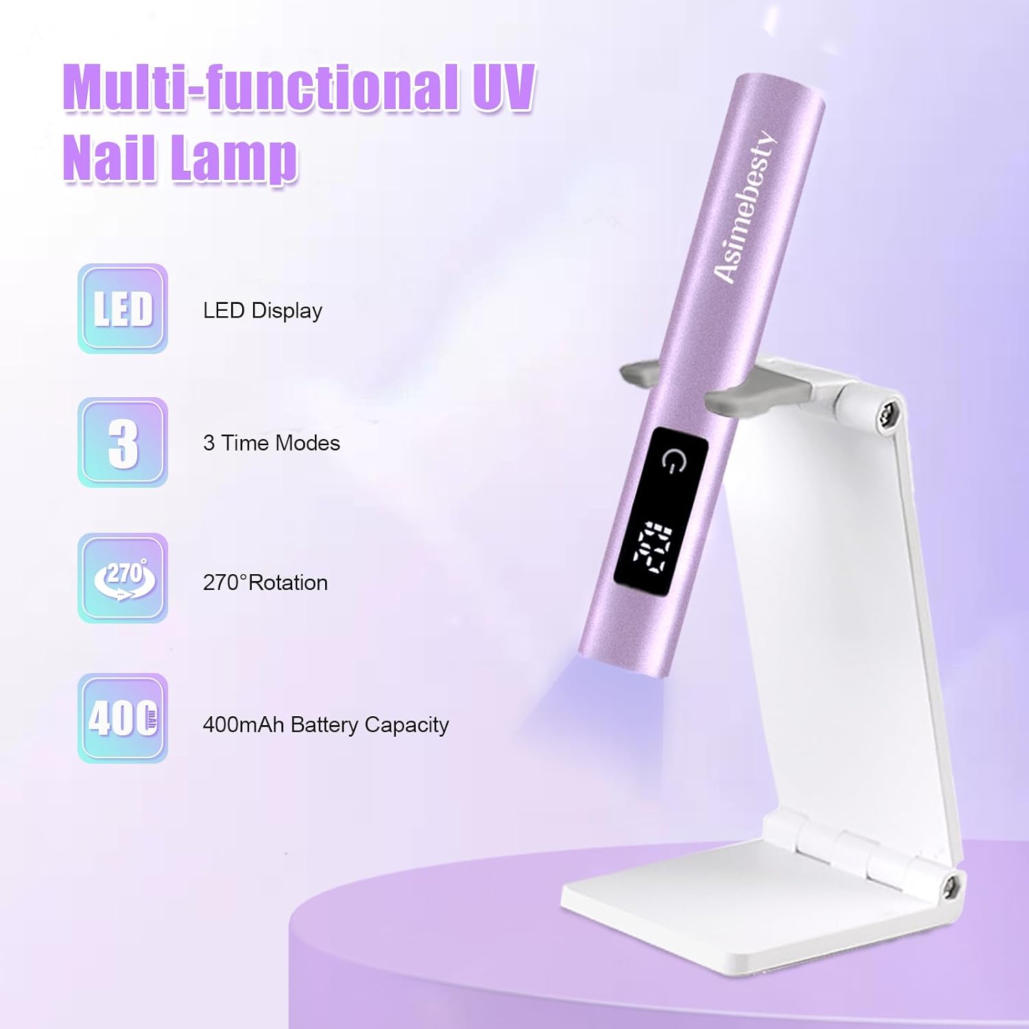 Detalle 2 de Asimebesty Mini UV-LED Lampe für Gelnägel (395 nm) – wiederaufladbar, 20/60/90 s