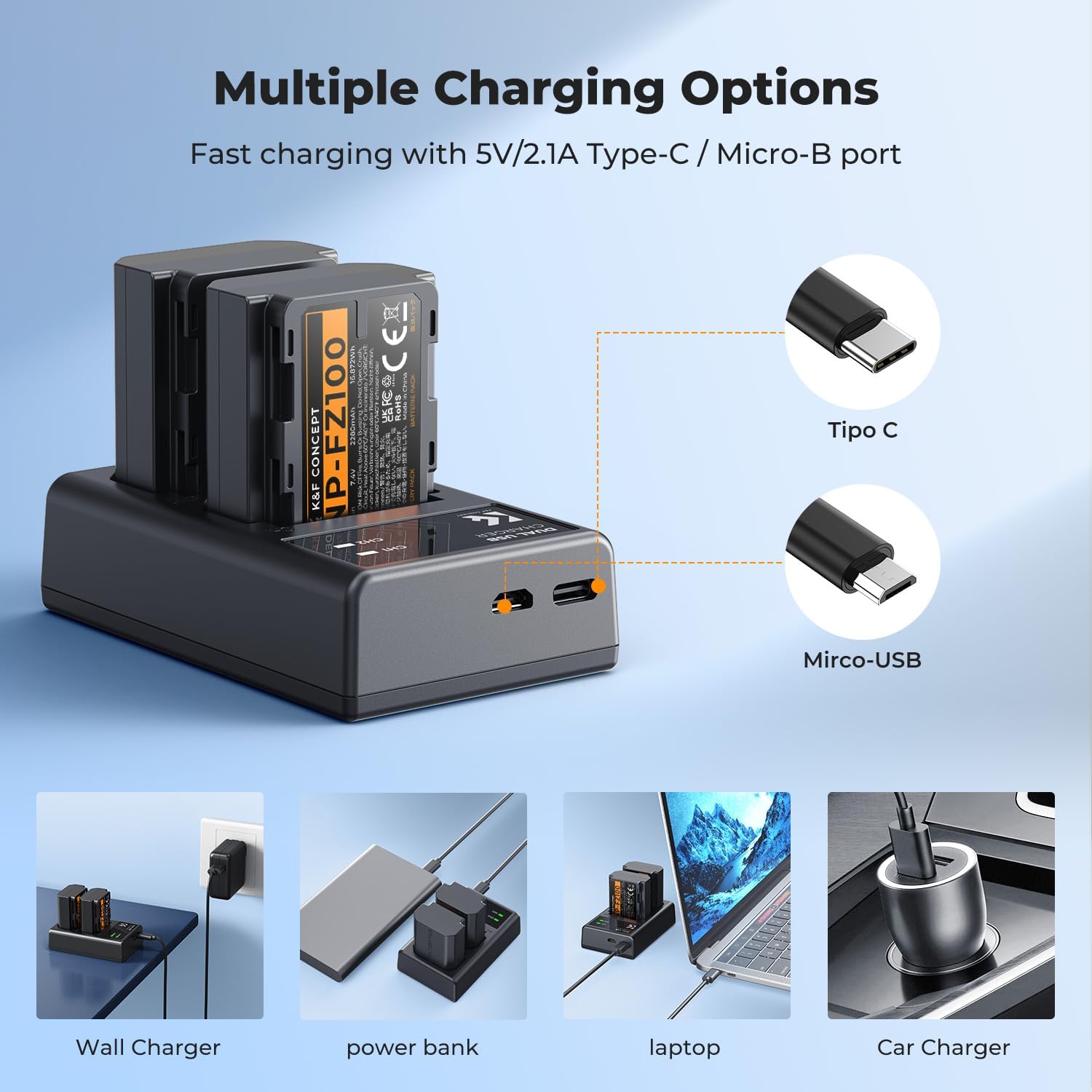 Thumbnail 4 de K&F CONCEPT NP-FZ100 Battery and Dual USB Charger Kit for Sony A7 IV/A7 III/A9 and more (2280mAh)