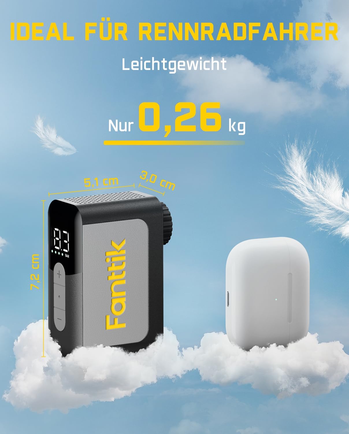 Detalle 2 de Fanttik X10 Ace Mini Akku-Fahrradpumpe mit Manometer, bis 8,3 Bar – für Presta & Schrader