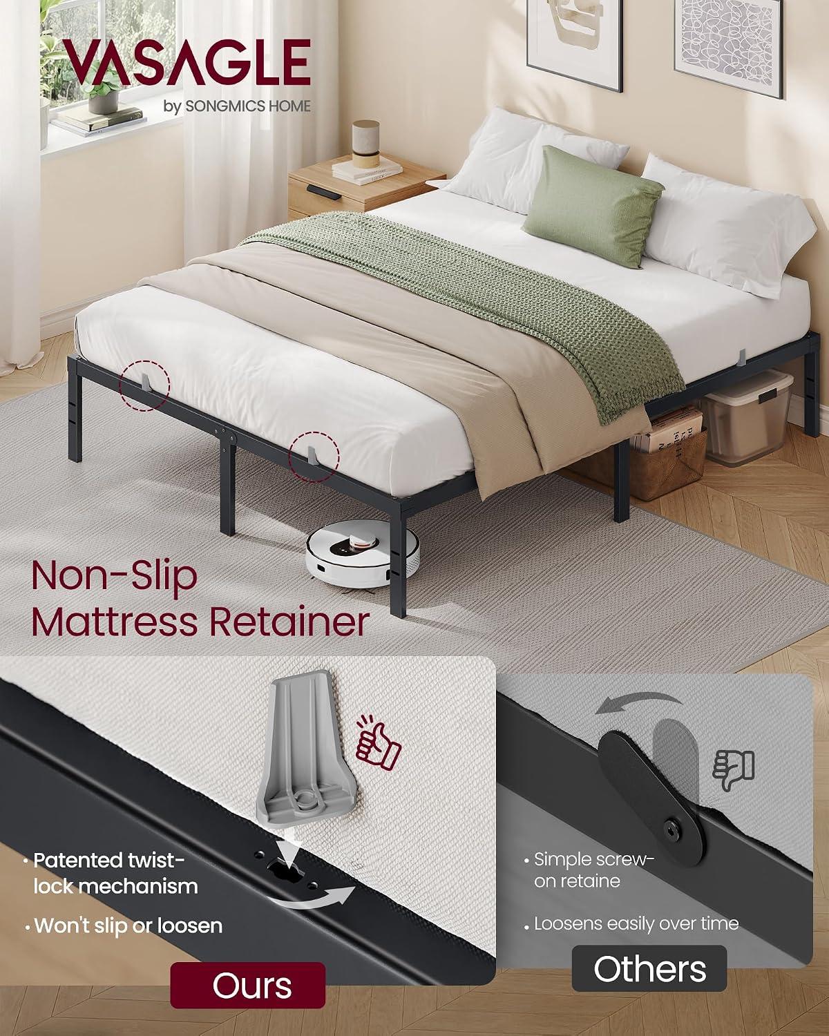 Detalle de VASAGLE Queen Metal Bed Frame, 14 Inches Tall