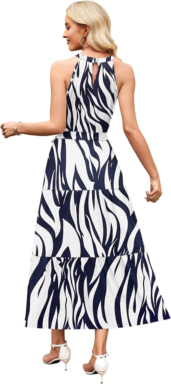 Thumbnail 5 de AUSELILY Damen Sommerkleid Lang Ärmellos Maxikleid Mit Taschen und Gürtel