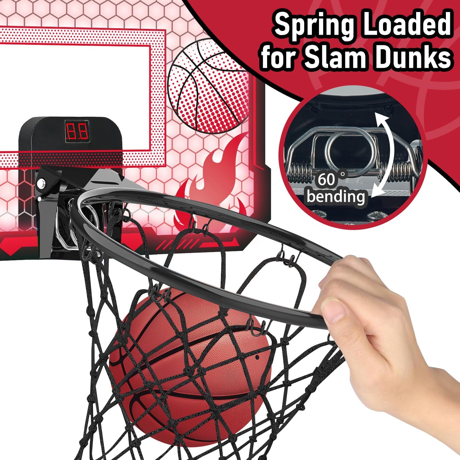 Detalle de VROGTIK Indoor Basketball Hoop for Kids with LED Lights — Over-the-Door Mini Hoop with Scoreboard
