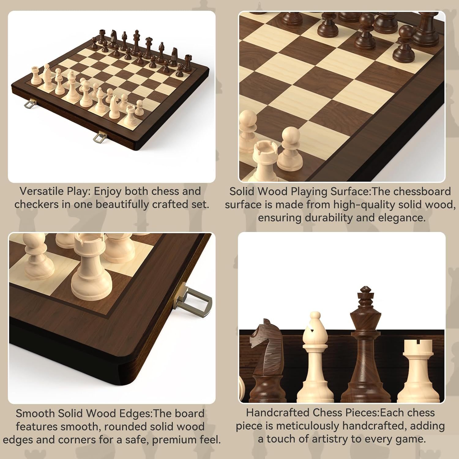 Thumbnail 6 de Puecrof 38 cm Holz Klapp-Schach- und Dame-Set – 2-in-1 Brettspiel mit handgefertigten Figuren