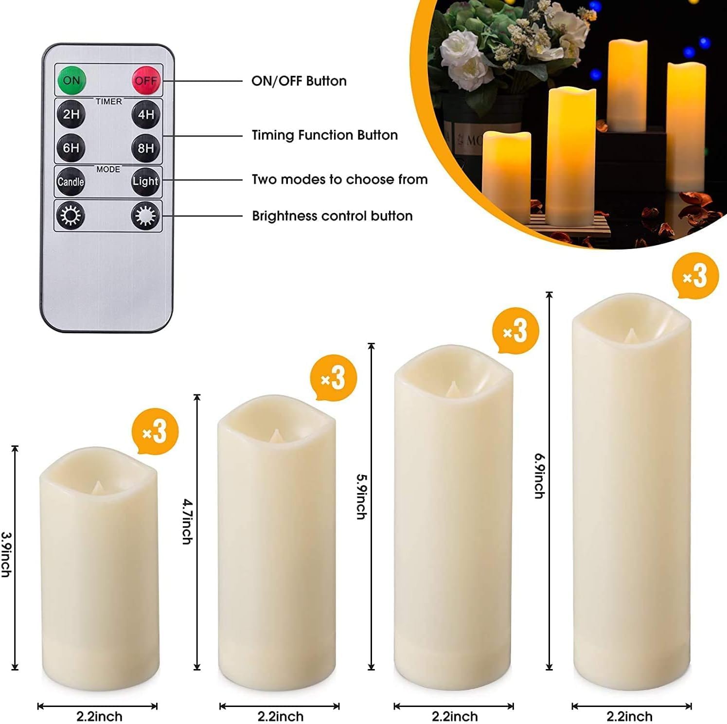 Detalle de TLNFHRPI Set of 12 Flameless LED Candles with Remote Timer, Ivory