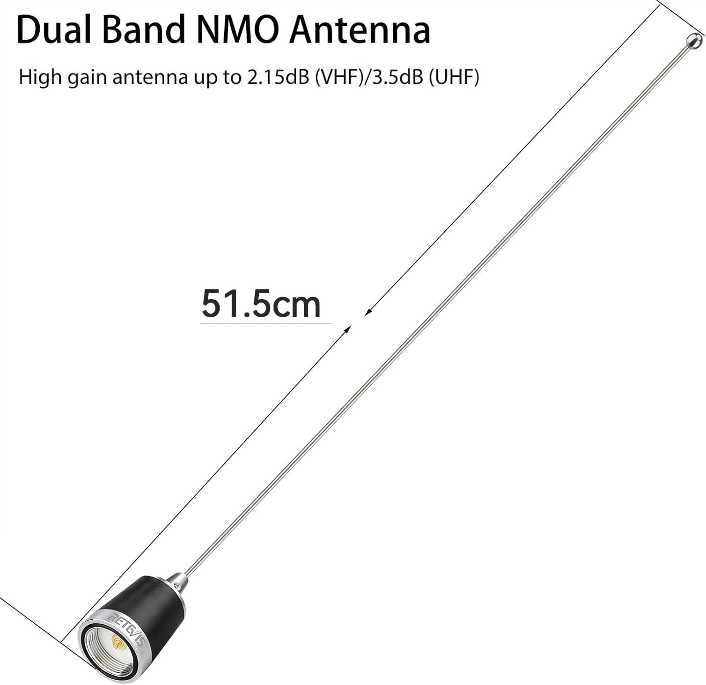 Detalle de Retevis MR200 NMO Antenne de Voiture Double Bande 2 m/70 cm pour bandes 144/430 MHz avec base magnétique et câble RG58