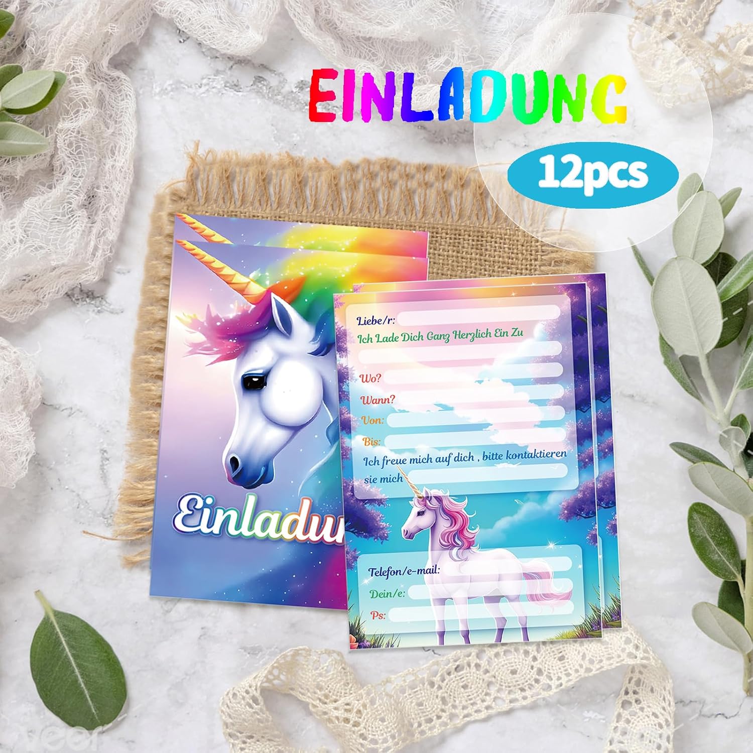 Thumbnail 5 de Werfunee 12er Einhorn-Einladungskarten für Mädchengeburtstag – 15 x 11 cm