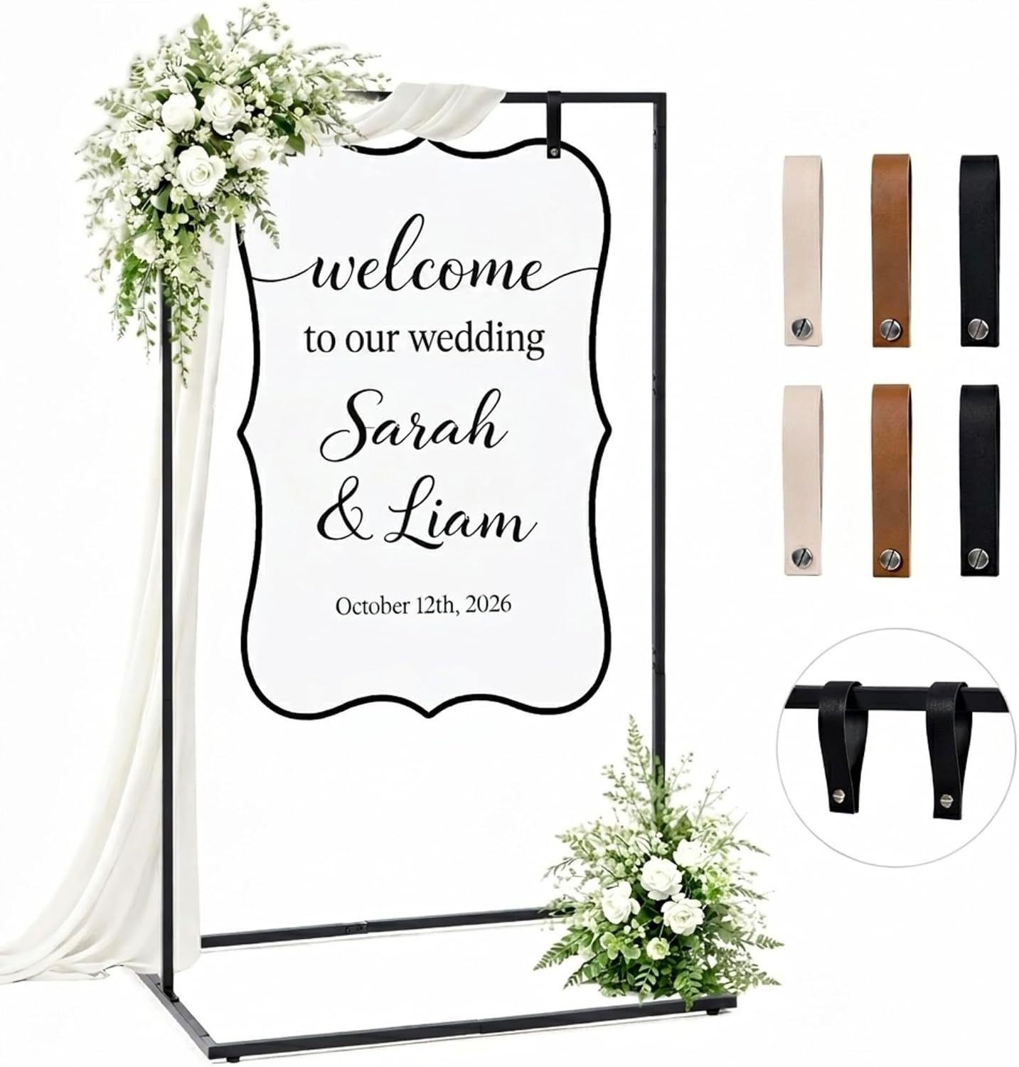 Detalle de WEDORA Wedding Welcome Sign Stand, 127 cm Black Metal Easel with 6 Straps