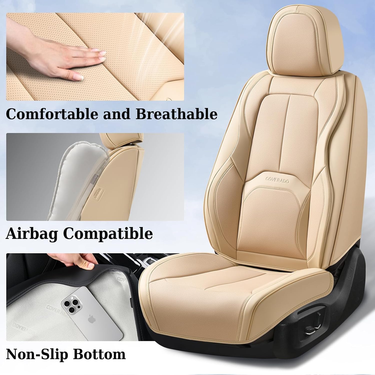 Thumbnail 2 de Coverado Car Seat Covers Full Set (Premium Faux Nappa Leather) – Waterproof Universal Fit with Lumbar Support, Beige