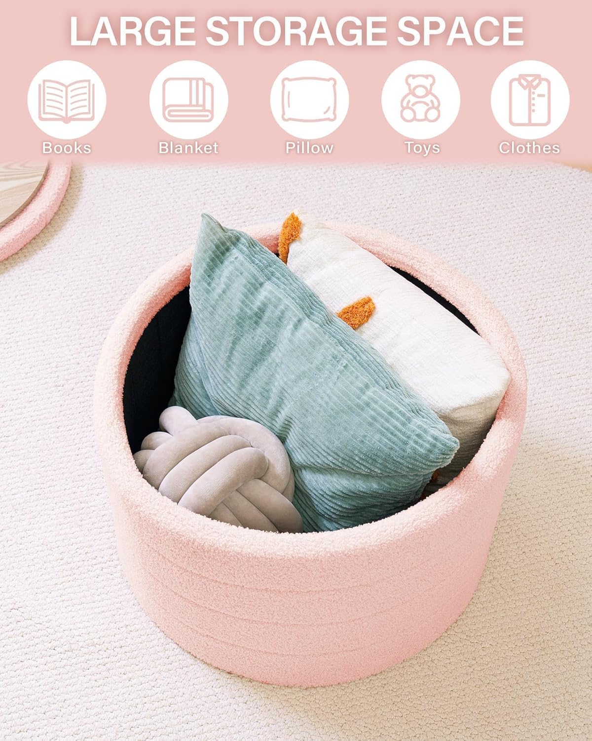 Thumbnail 4 de Bonlife Extra Large Folding Round Ottoman with Storage (Boucle) – Pink, 56 x 56 x 40cm