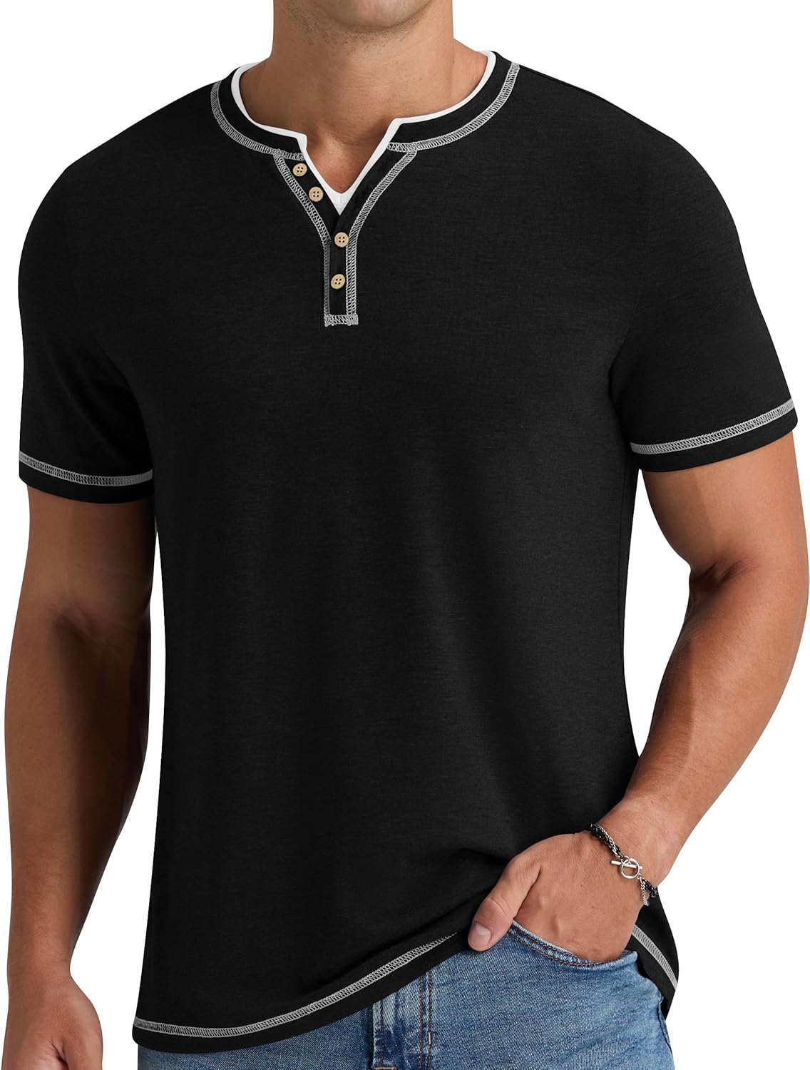 Thumbnail 5 de NITAGUT Henley T-Shirt für Herren – Kurzarm, V-Ausschnitt, Slim Fit