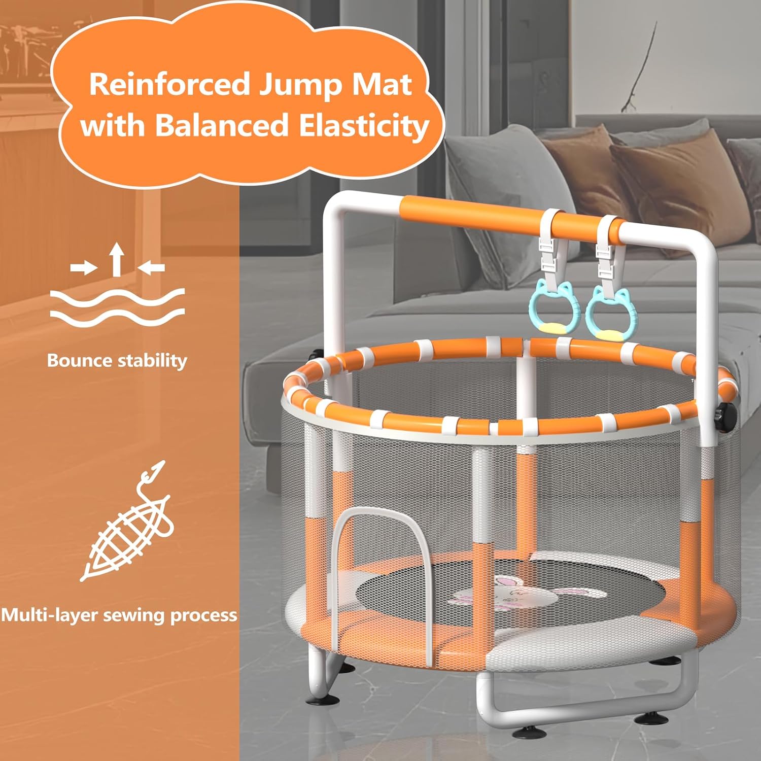 Thumbnail 4 de KINETRA 55" Kids Indoor Trampoline with Safety Net, Adjustable Gymnastics Bar & Toys (Ages 3+)