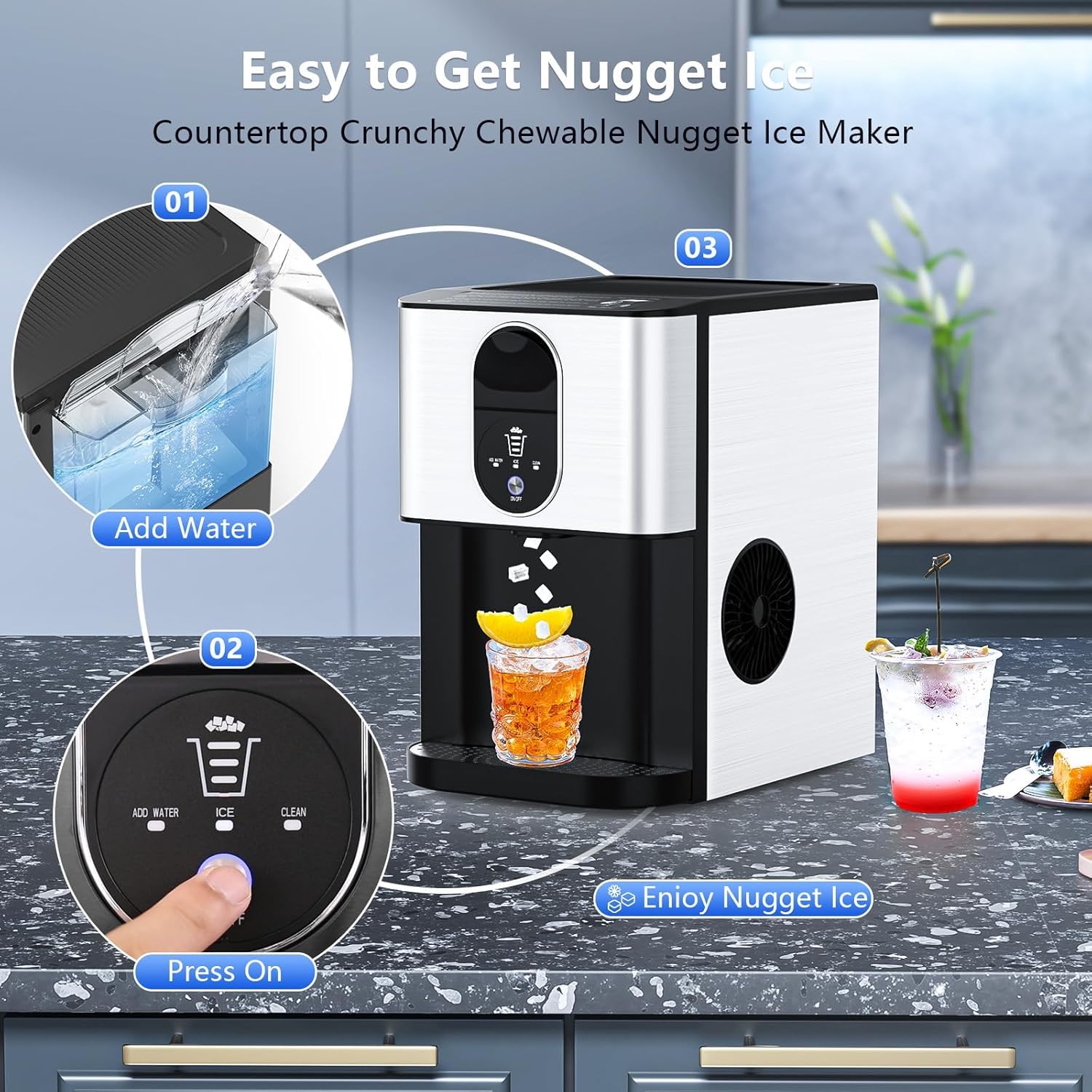 Detalle 2 de Electactic HZB-20DN Nugget Ice Maker, 2.4L Reservoir, 44 lb Daily Output