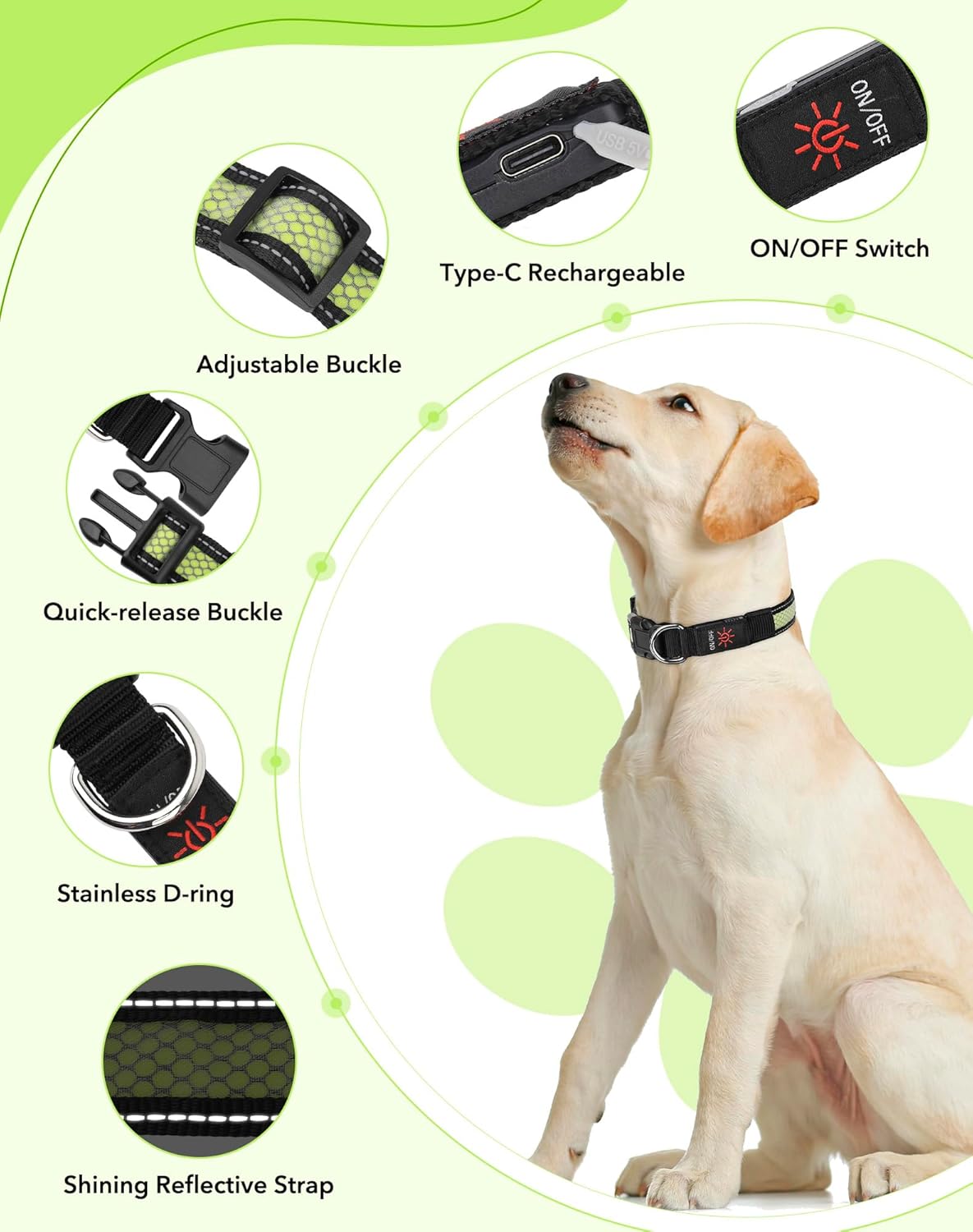 Detalle de Weesiber Light Up Dog Collar - Medium (38-50cm) with USB-C Rechargeable LED, Reflective and Water-Resistant