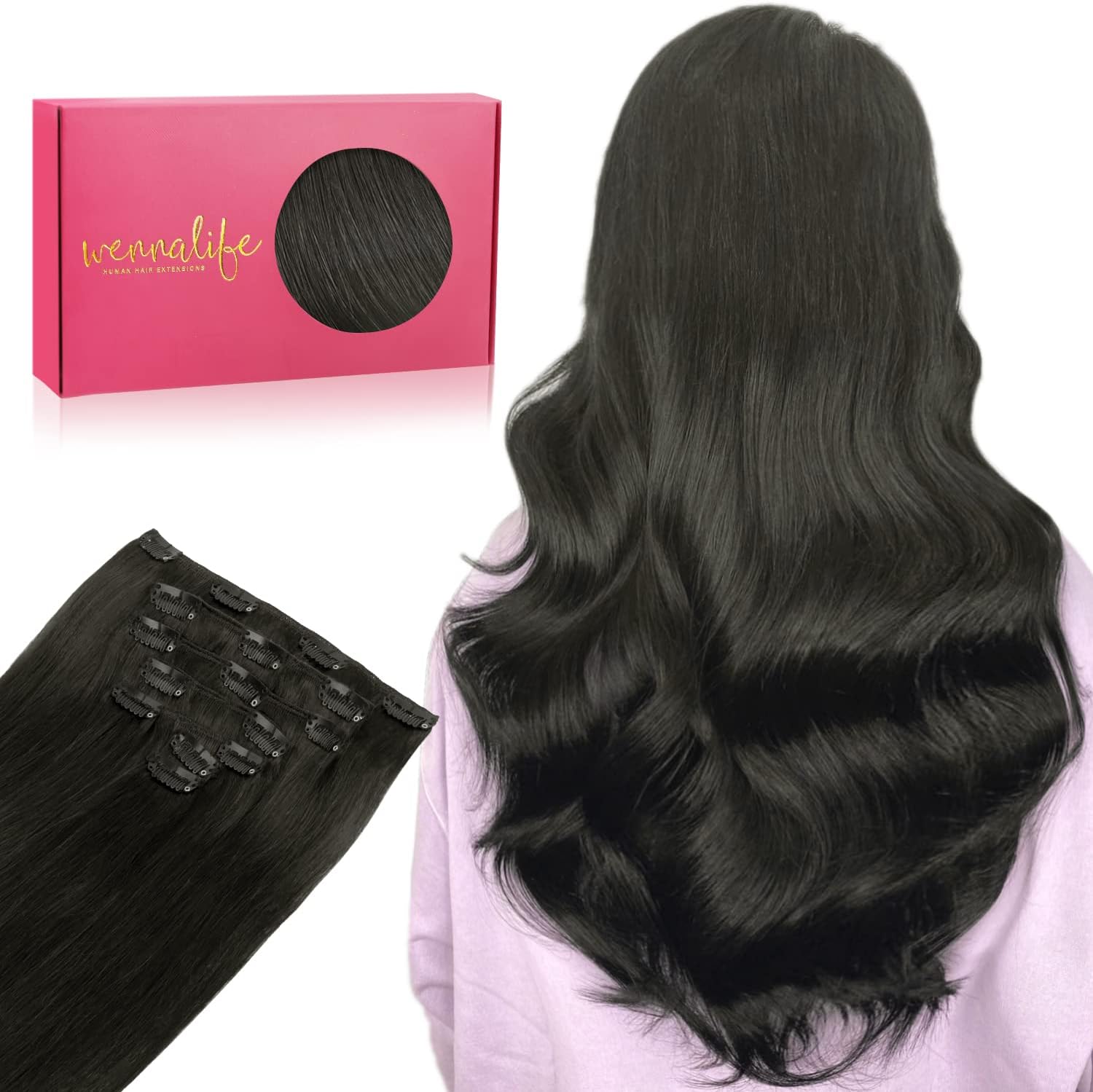 Detalle de WENNALIFE Extension a clip di capelli veri Remy vergini doppia ciocca 55,9 cm, nero naturale