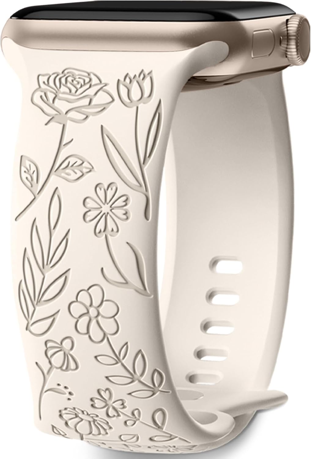 Detalle de Mastten Floral Engraved Silicone Strap for Apple Watch (44–49mm): Rose Garden Style