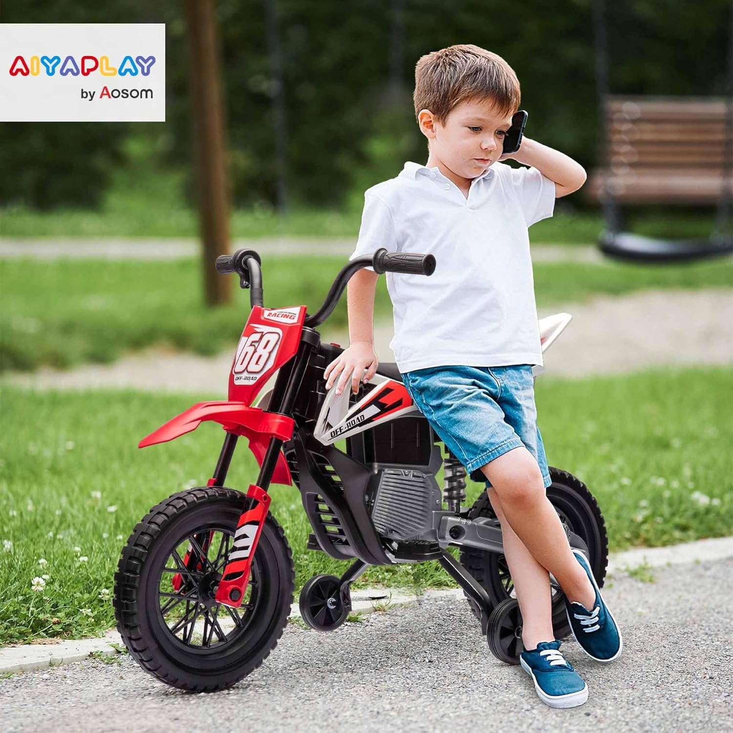 Detalle 2 de AIYAPLAY Moto électrique pour enfants (12V) type cross, 2 moteurs, vitesse réglable jusqu’à 5 km/h – Rouge