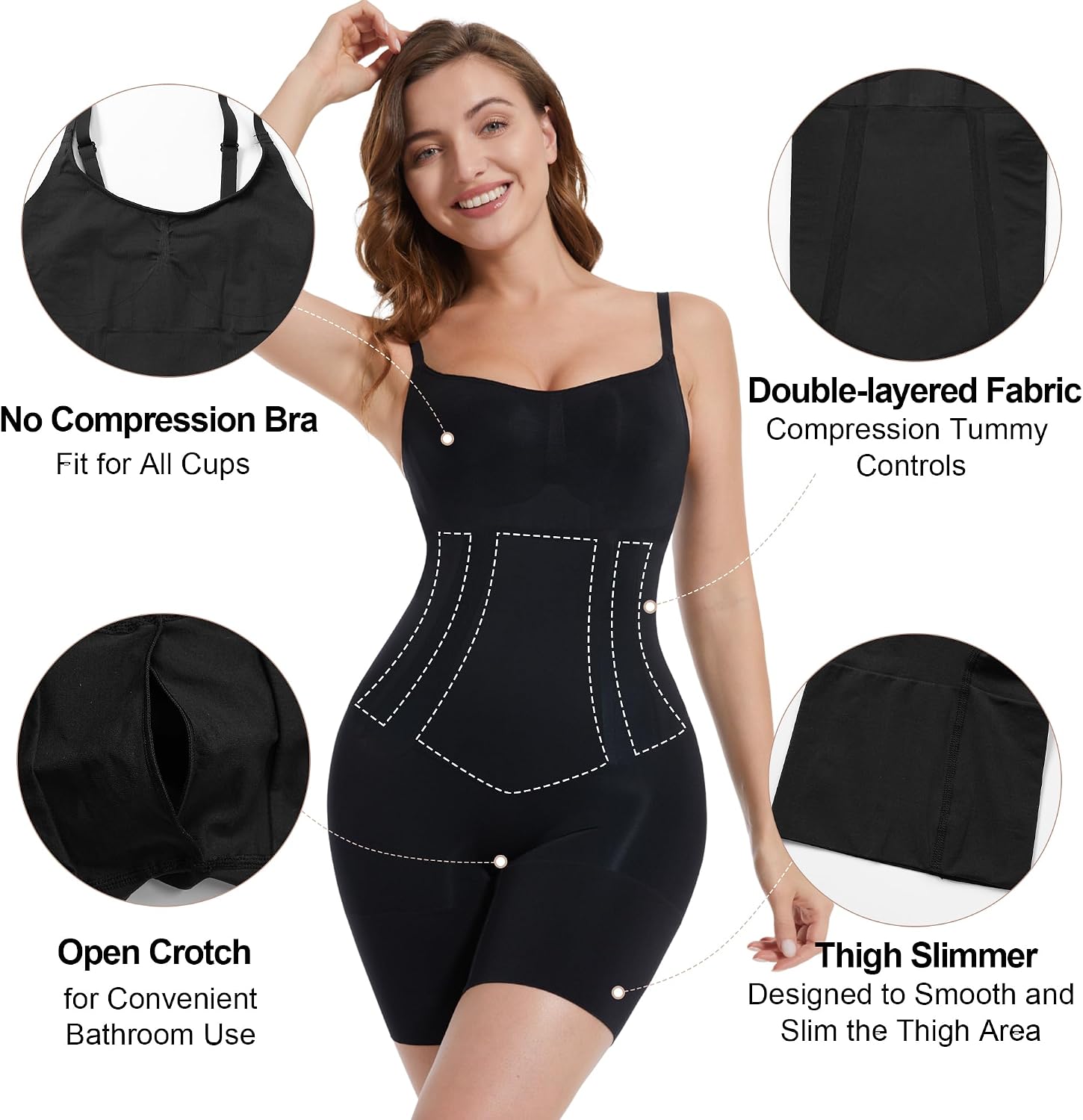 Detalle 2 de SHAPERX Tummy Control Shapewear Bodysuit, Seamless Open-Bust Mid-Thigh