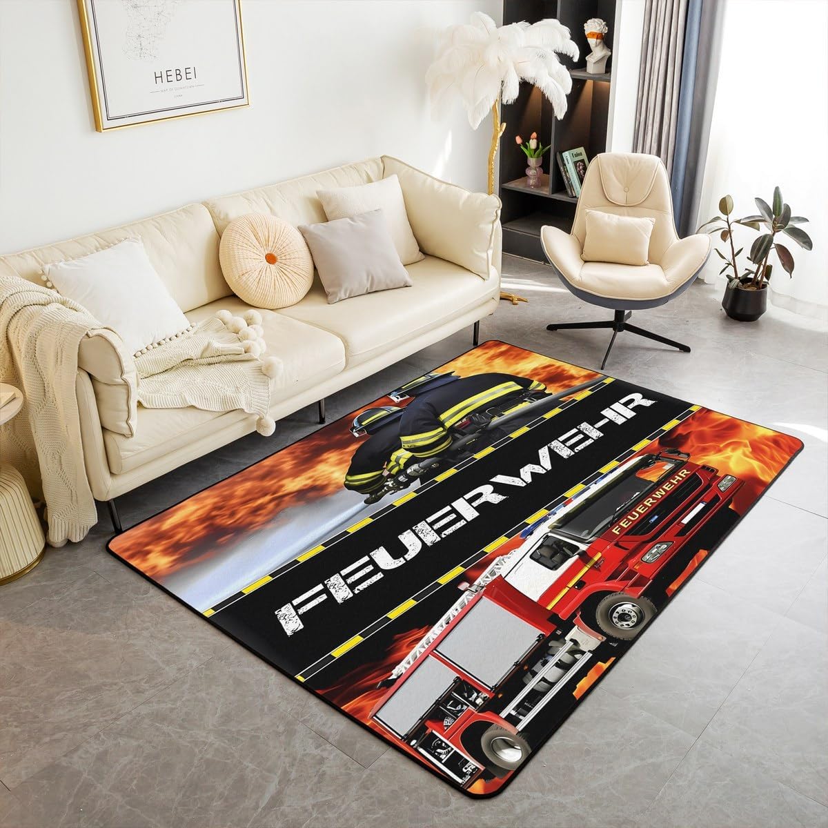Detalle de Homewish Feuerwehrmann Teppich 100x150 cm – Für Kinderzimmer, Wohnzimmer und Spielbereiche