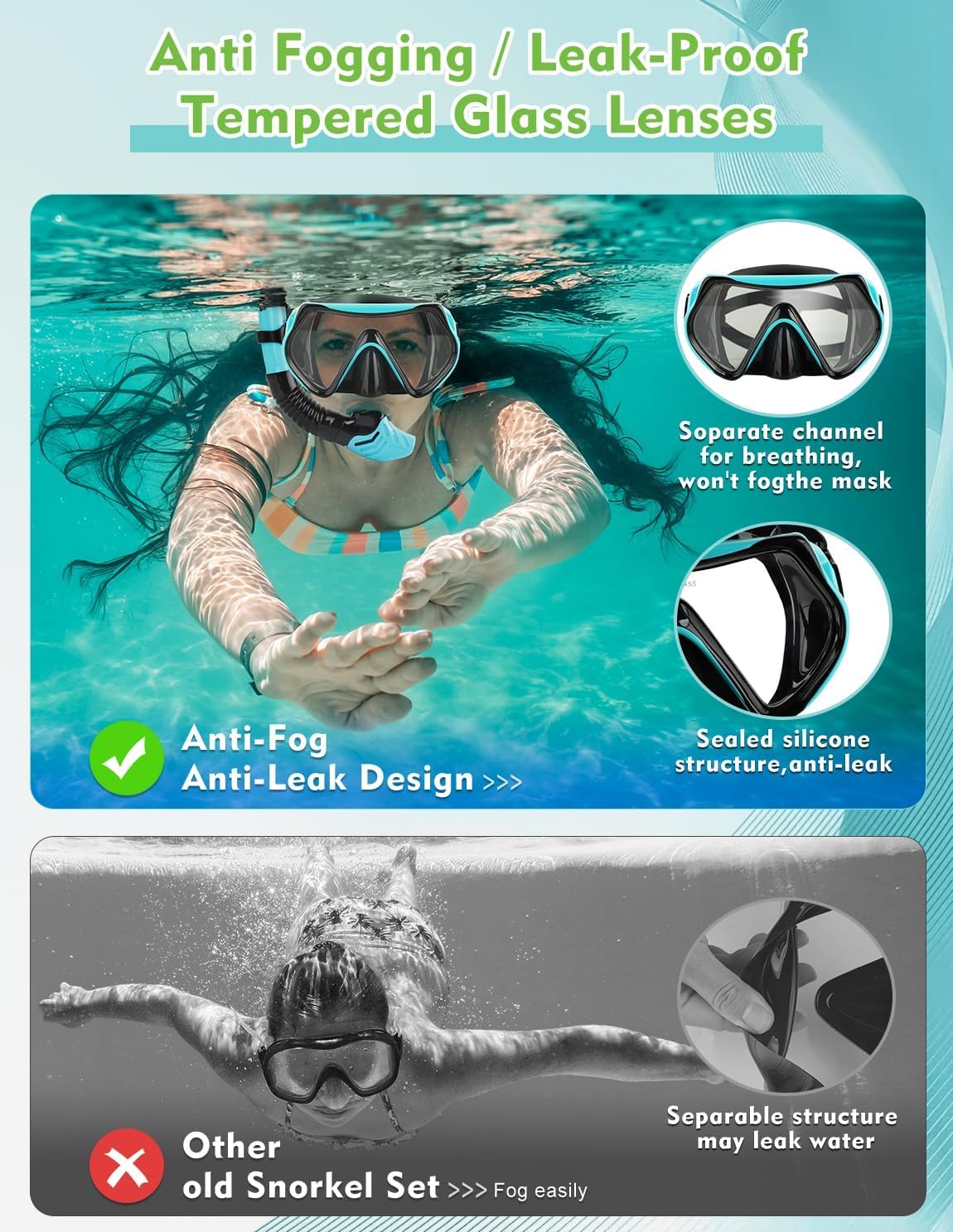 Detalle de Hydomi Adult Snorkel Set – Leak-proof mask with anti-fog tempered glass and dry-top snorkel
