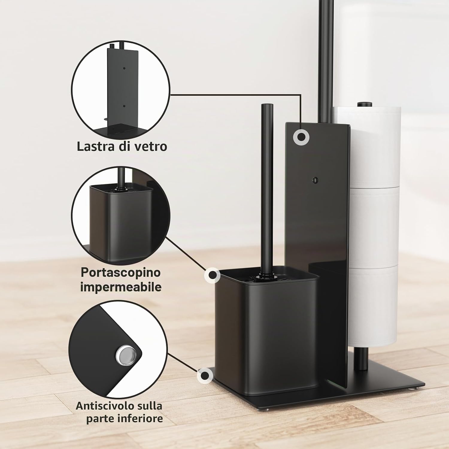 Detalle 2 de Susswiff Piantana Portarotolo e Scopino – Porta Carta Igienica Nero con Vetro e Spazzolino WC, acciaio inox, in piedi