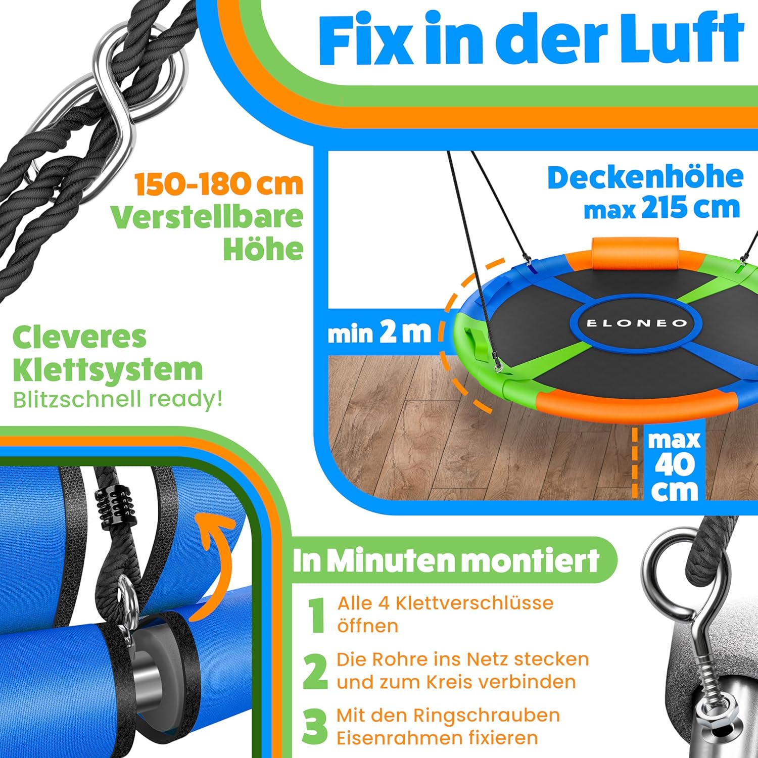 Thumbnail 6 de ELONEO Nestschaukel Outdoor & Indoor mit 120 cm Durchmesser – höhenverstellbare Tellerschaukel bis 300 kg