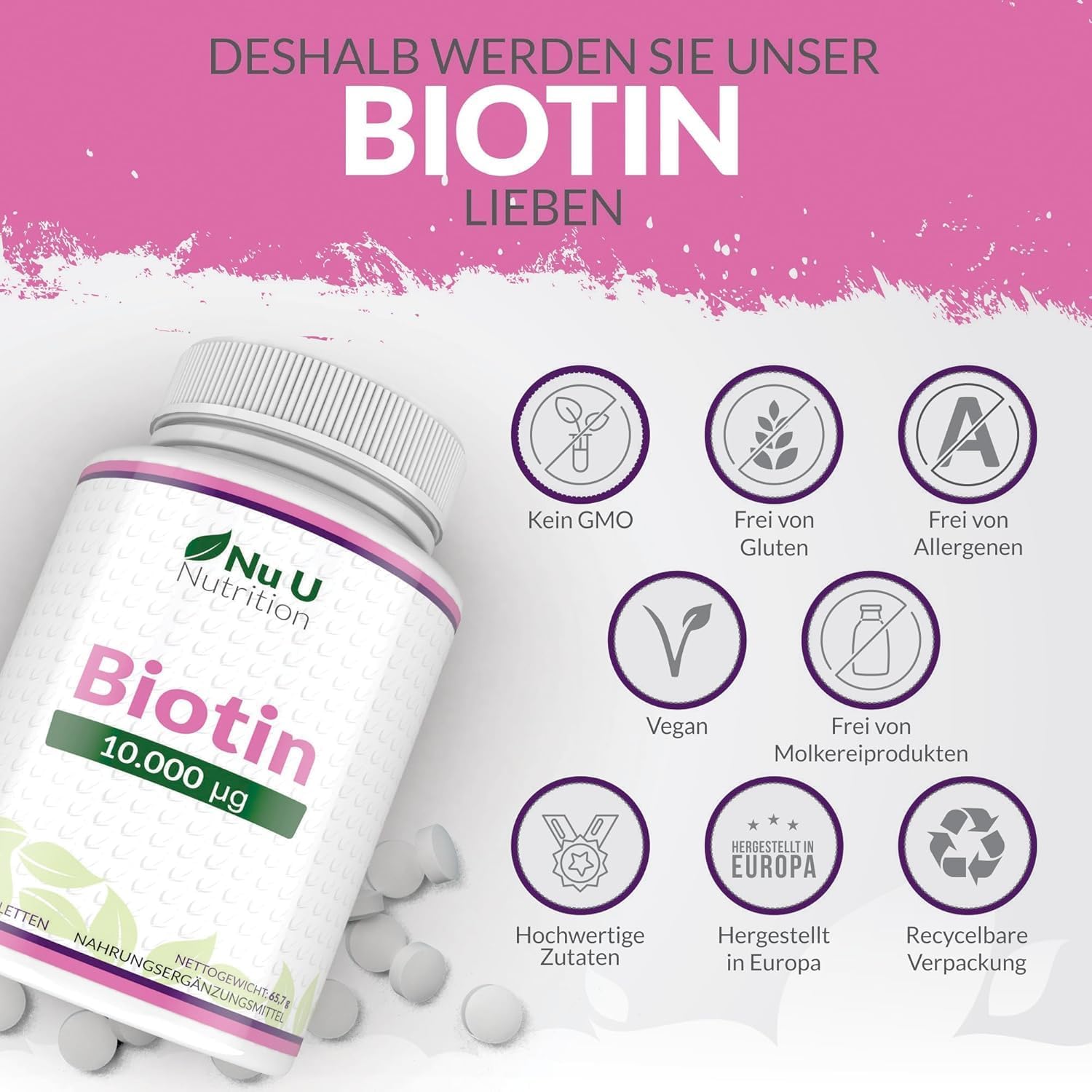 Thumbnail 5 de Nu U Nutrition Biotin 10.000 mcg, 365 Tabletten 💊