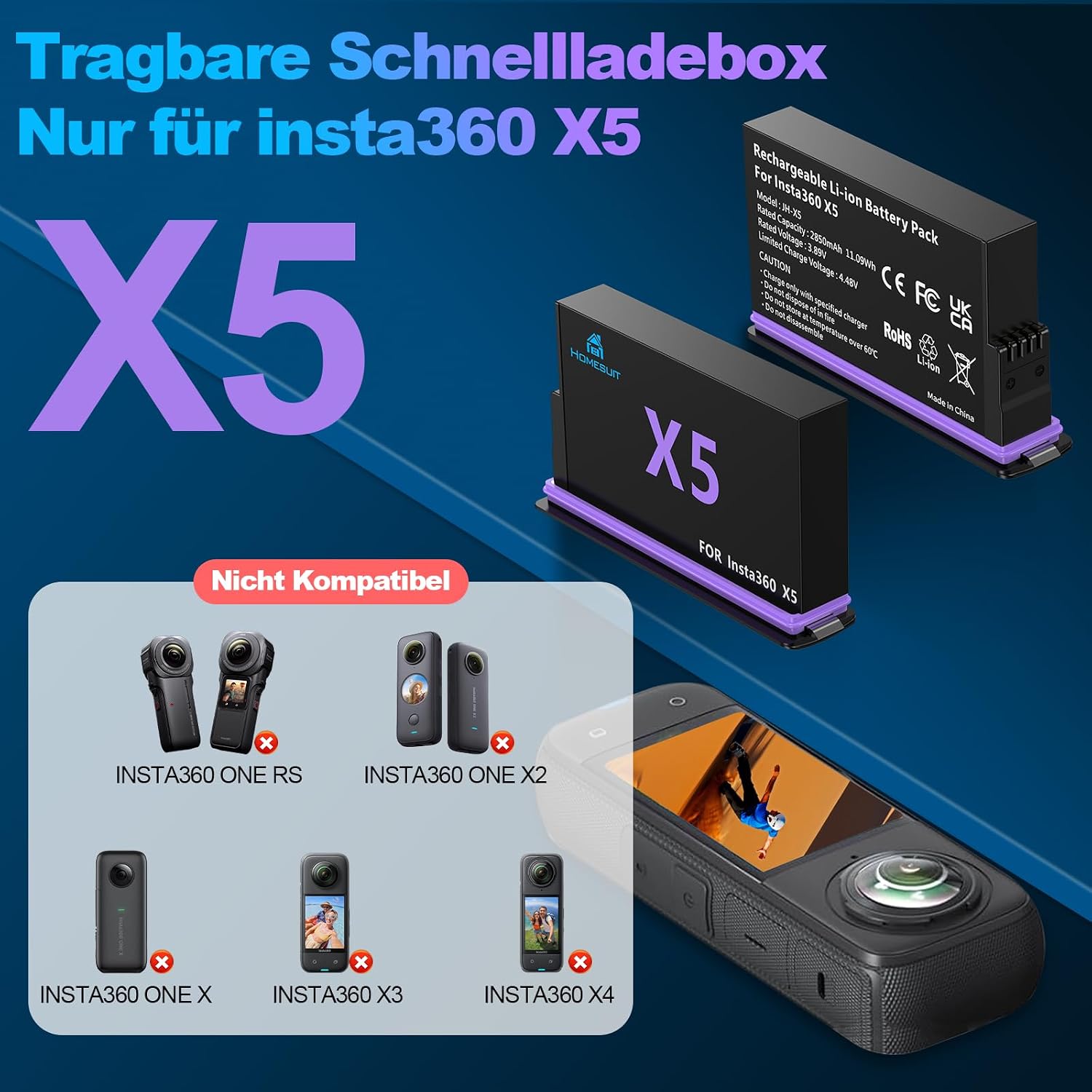 Detalle 2 de Homesuit Insta 360 X5 Akku 2er-Pack 2850mAh Ladekit
