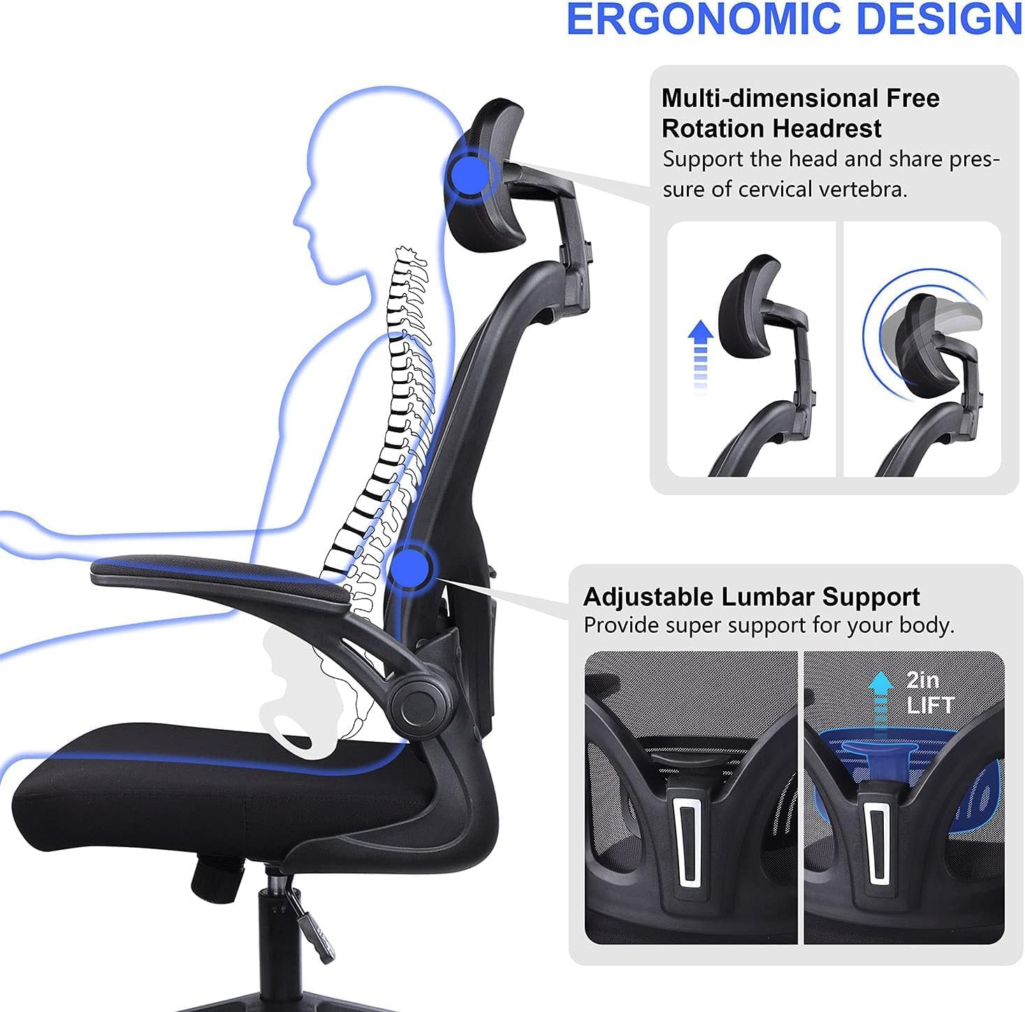 Thumbnail 3 de JAJALUYA Mesh Office Chair with Adjustable Headrest and Lumbar Support